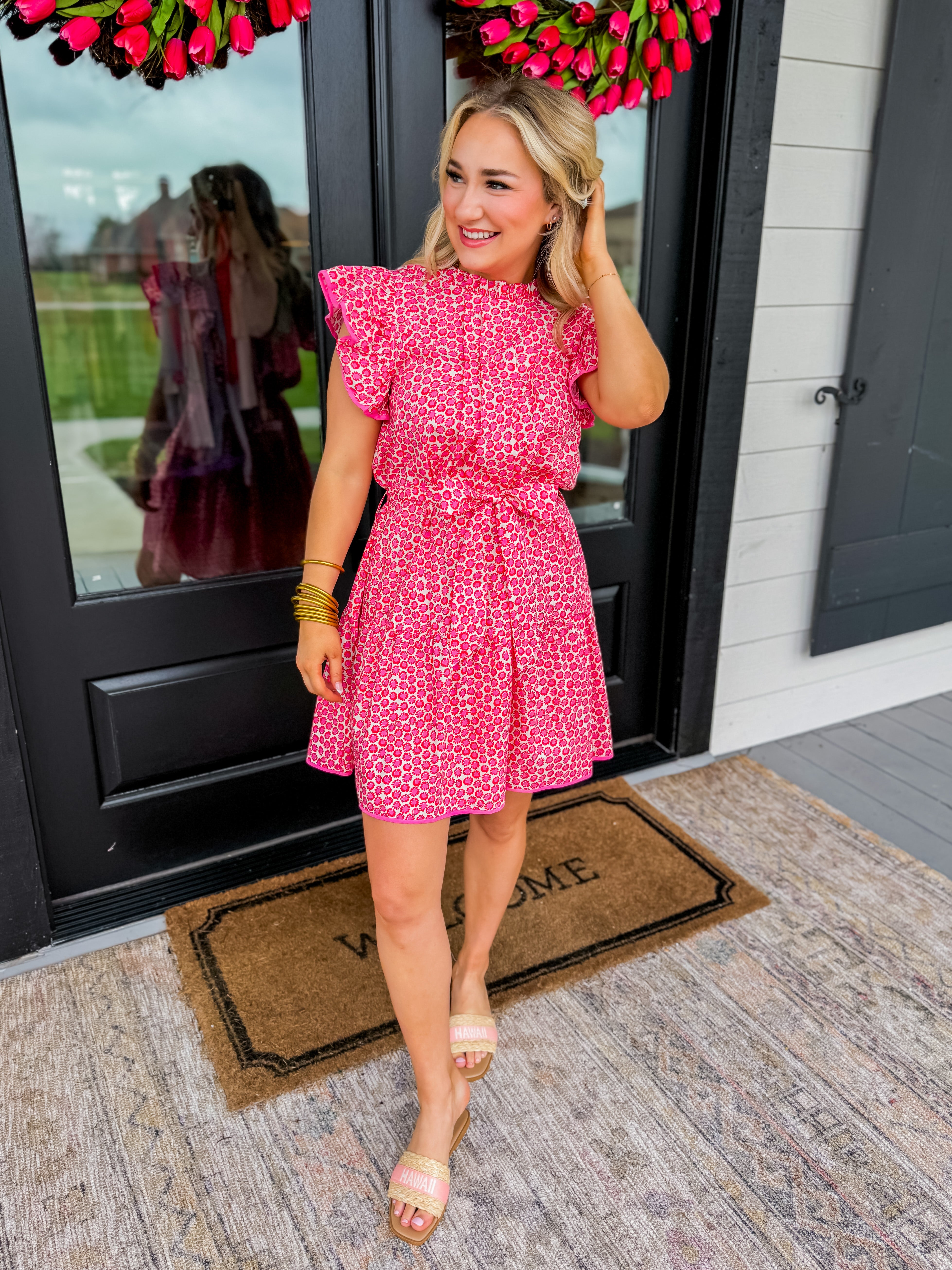 Floral Print Pin Tuck Round Neck Ruffle Dress
