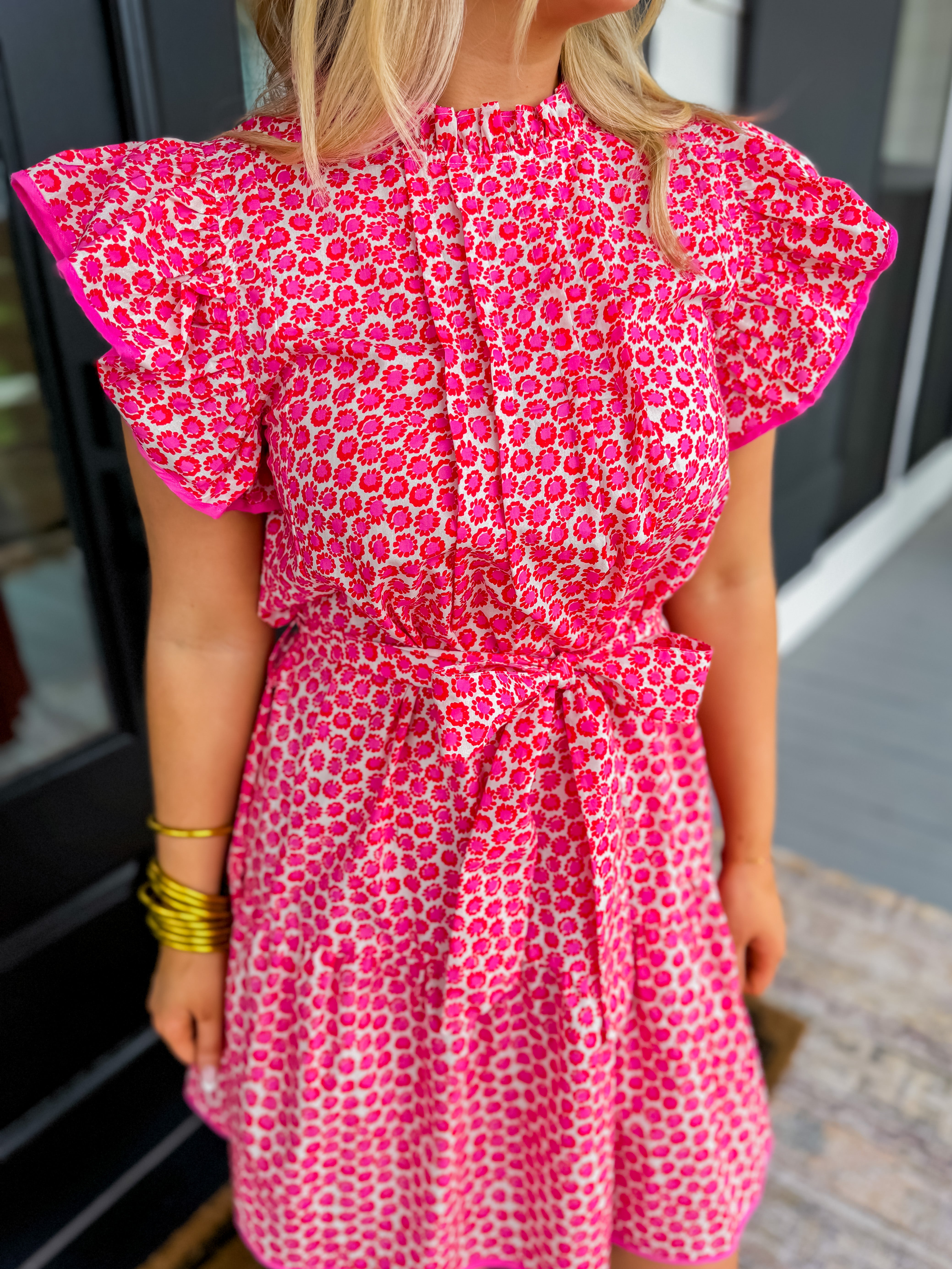 Floral Print Pin Tuck Round Neck Ruffle Dress