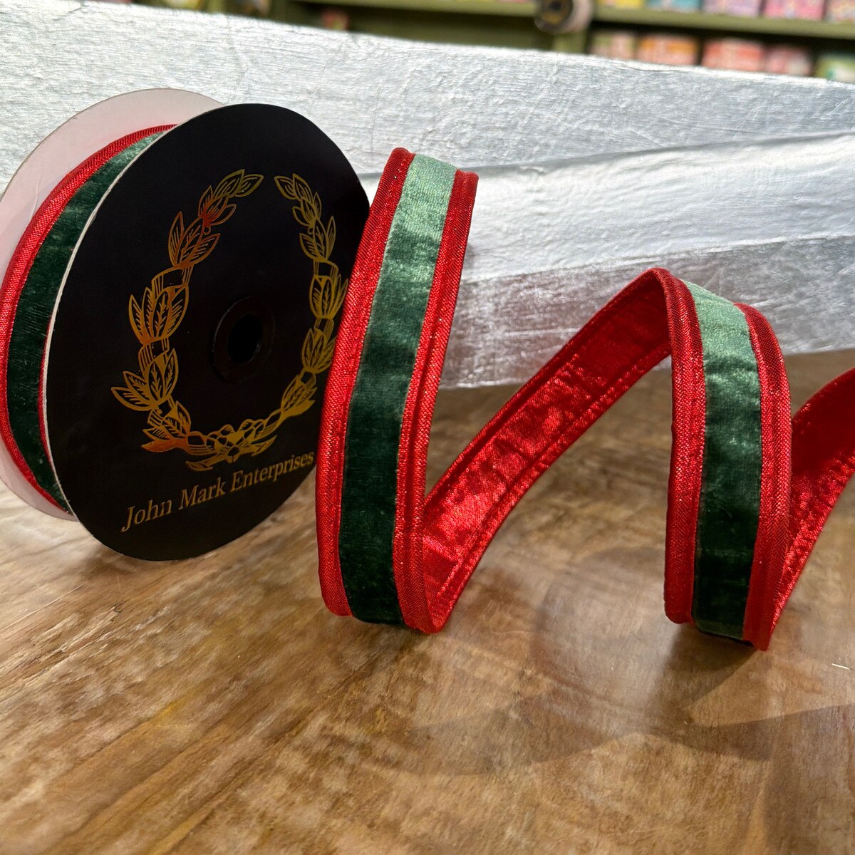 Green Velvet DBL Fused Metallic Dupion Red Piping Ribbon