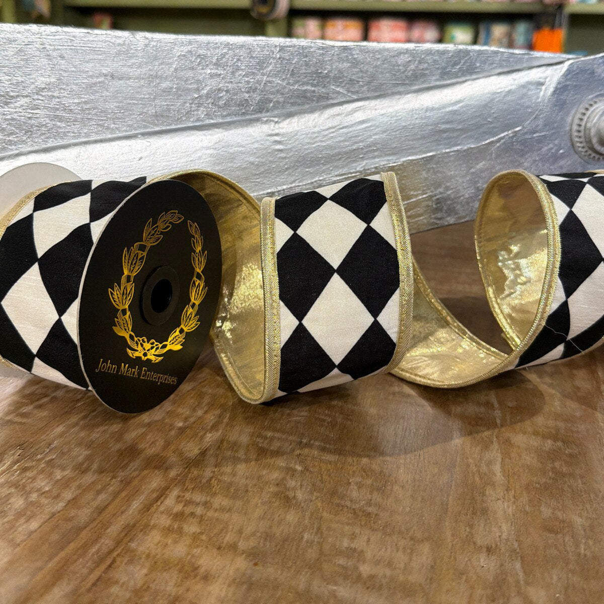 Harlequin Print Fused Metallic Dupion Piping Black Ribbon