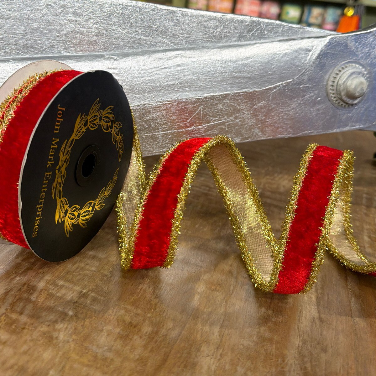 Velvet Metallic Dupion DBL Fused Tinsel Edge Red Ribbon