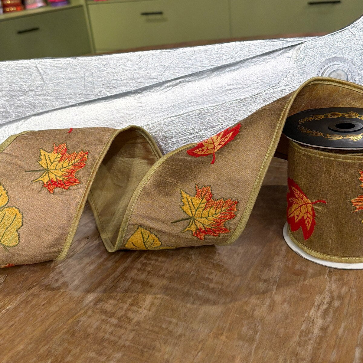 Embroidered Fall Leaves Dupion Fused Ribbon
