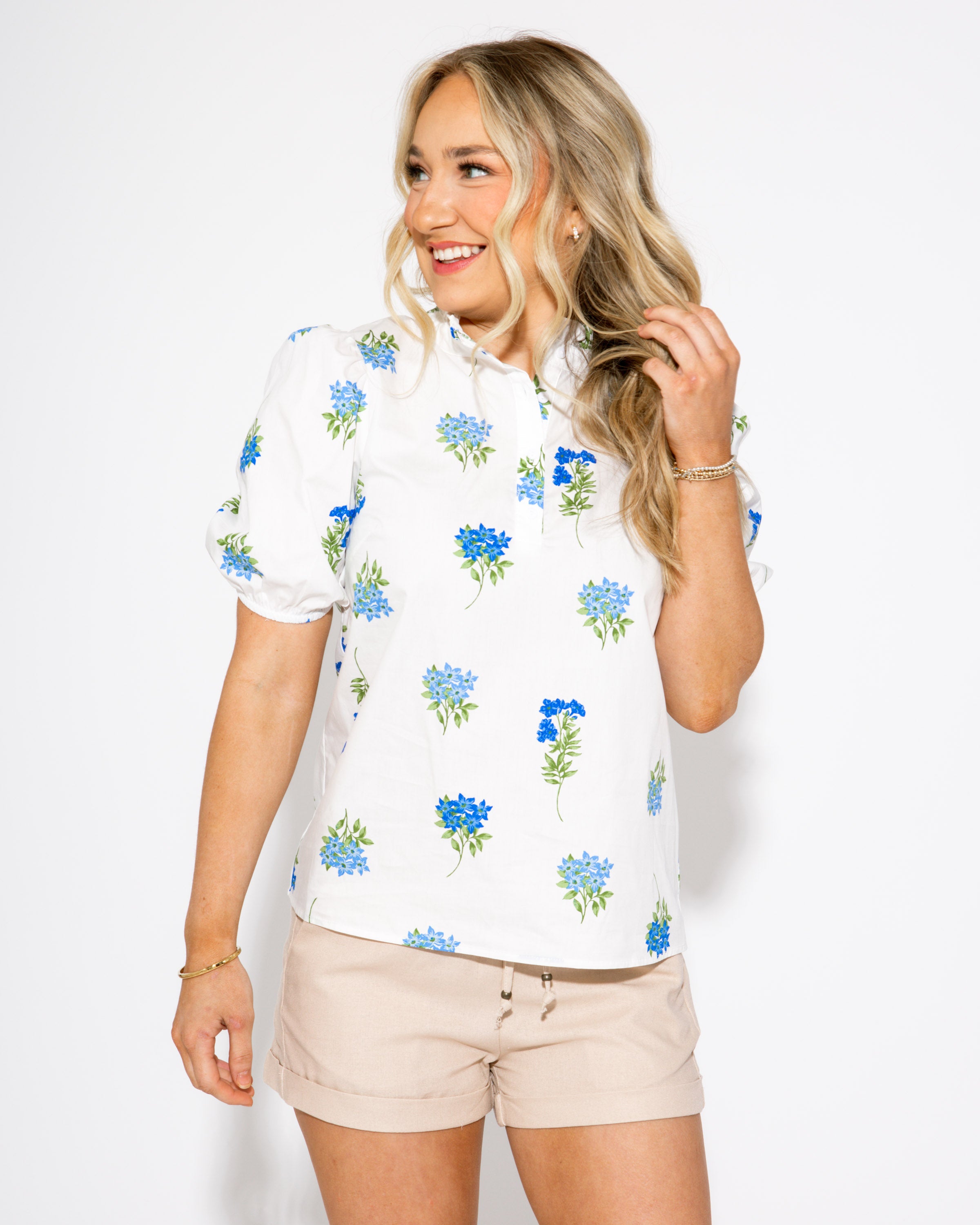 Blue Botanic Charm Mock Neck Poplin Top