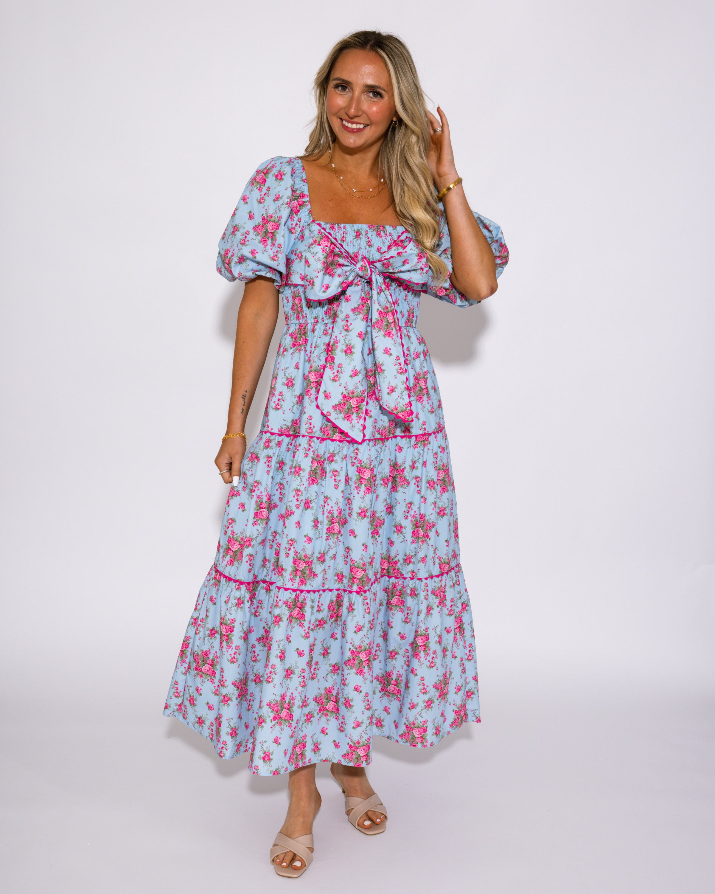 Bows and Blooms Tiered Maxi Dress