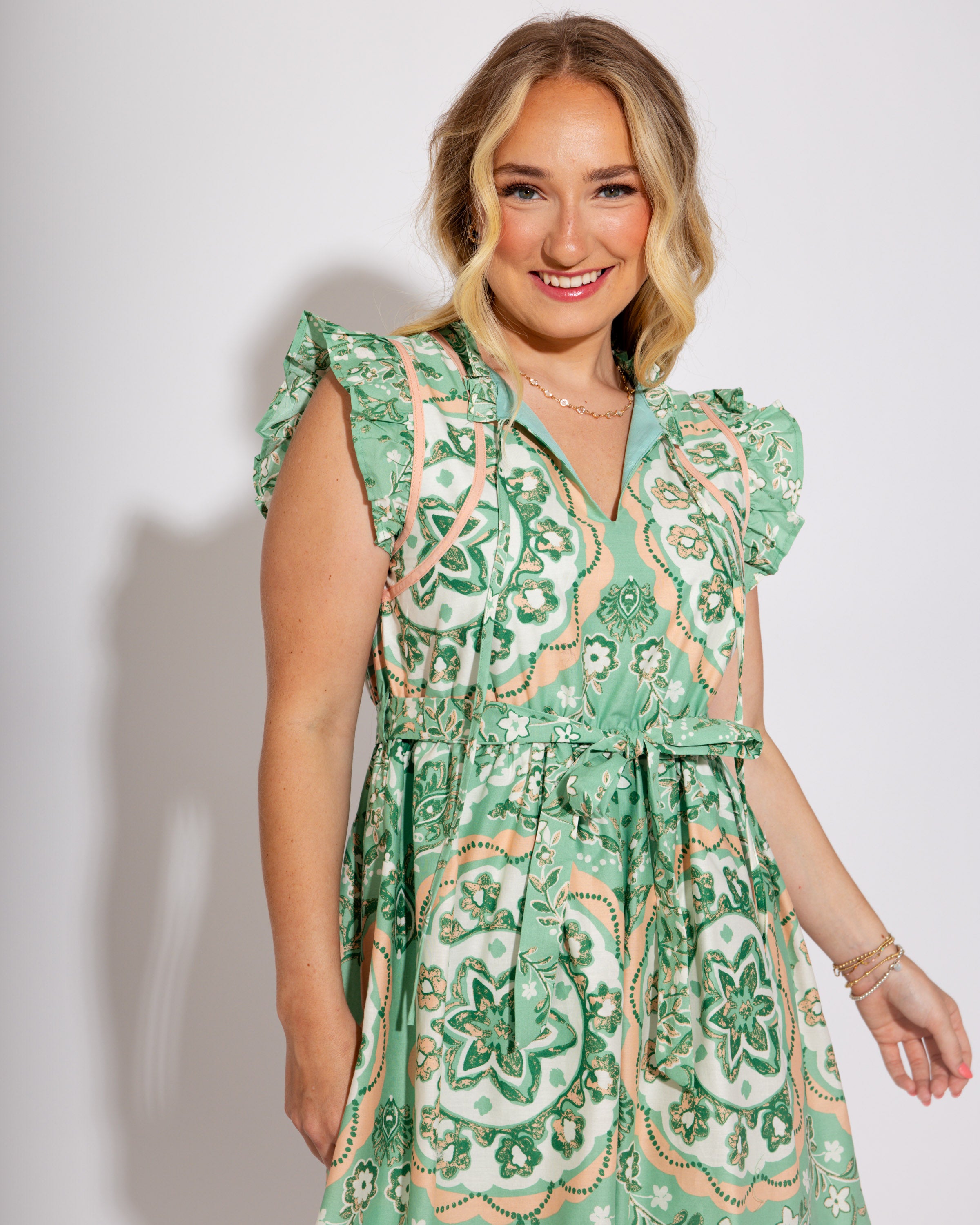 Sage Medallion Flutter Mini Dress