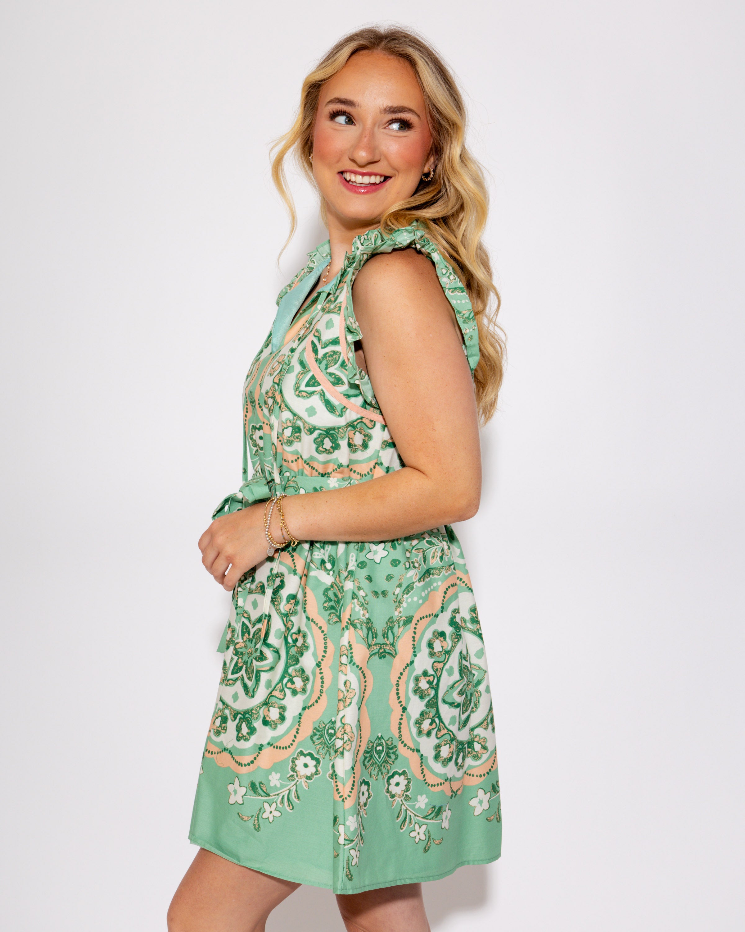 Sage Medallion Flutter Mini Dress