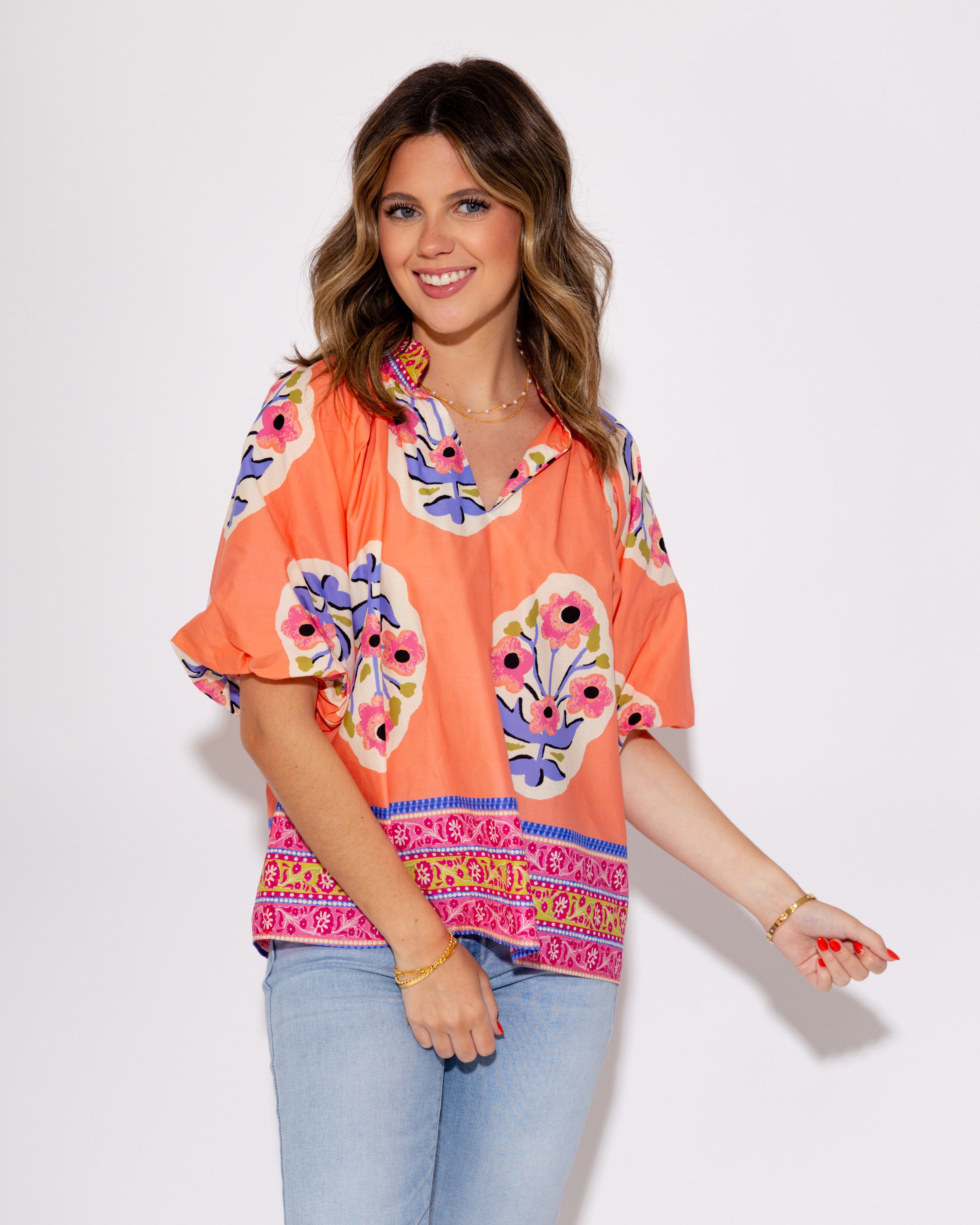 Wanderlust Blooms Floral Top in Coral