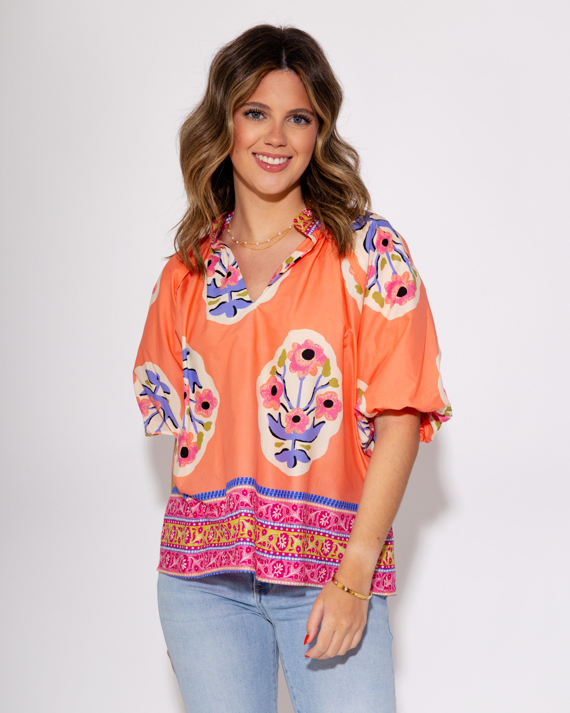 Wanderlust Blooms Floral Top in Coral