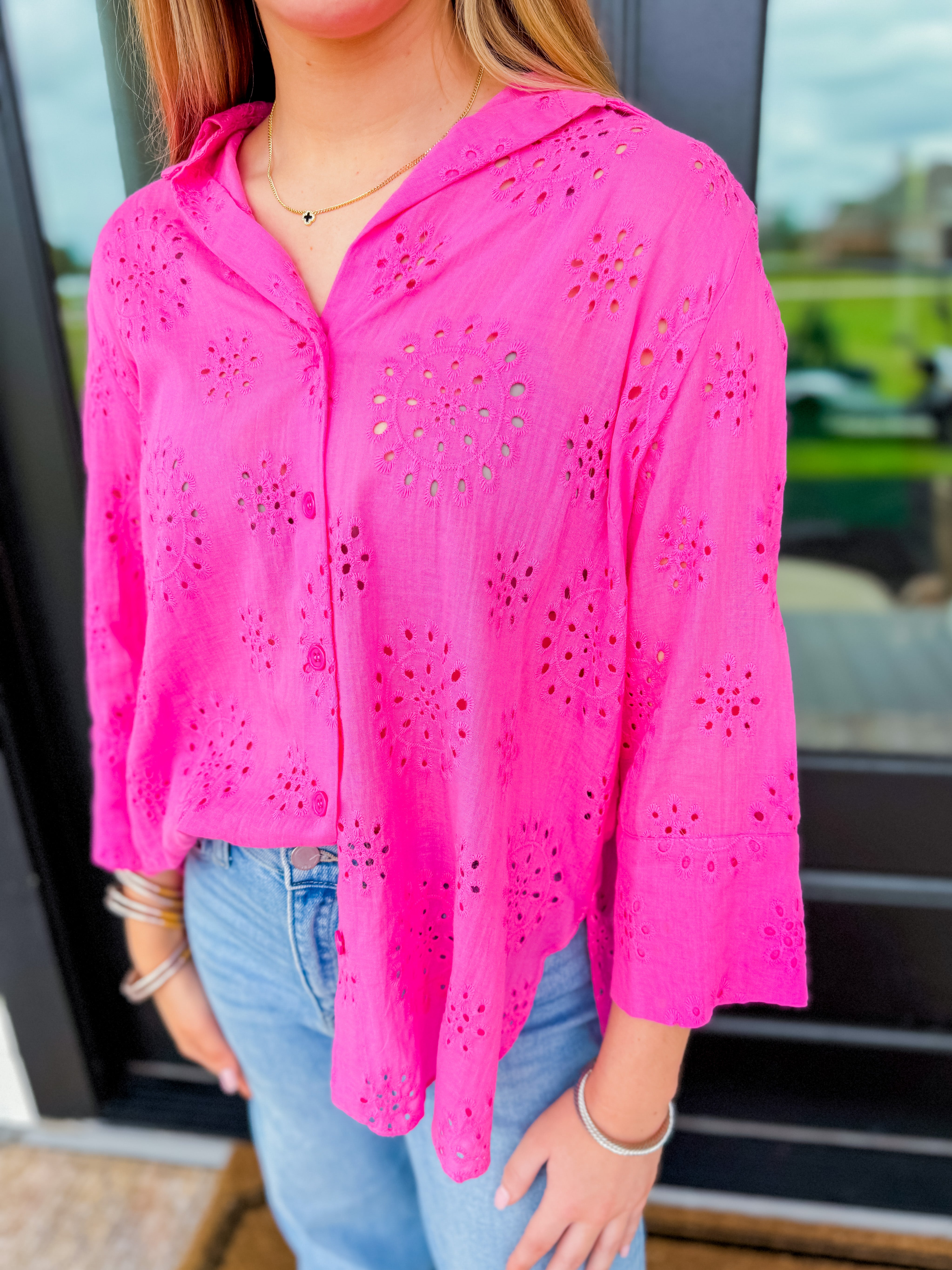 Eyelet Boxy Cut Button Down Collared Shirt in Hot Pink