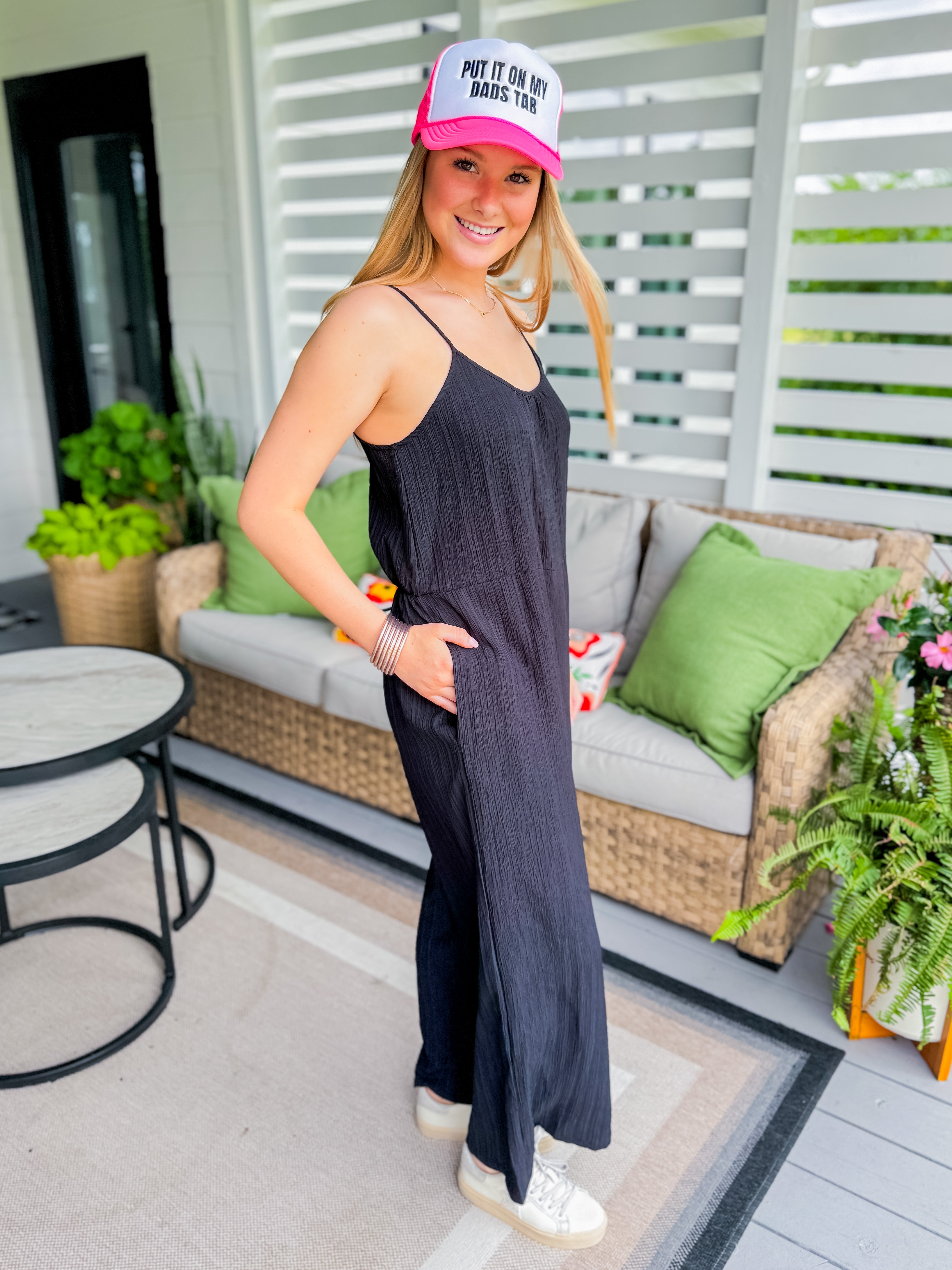 Sleeveless Printed Solid Wide Leg Cami Jumpsuit in Black