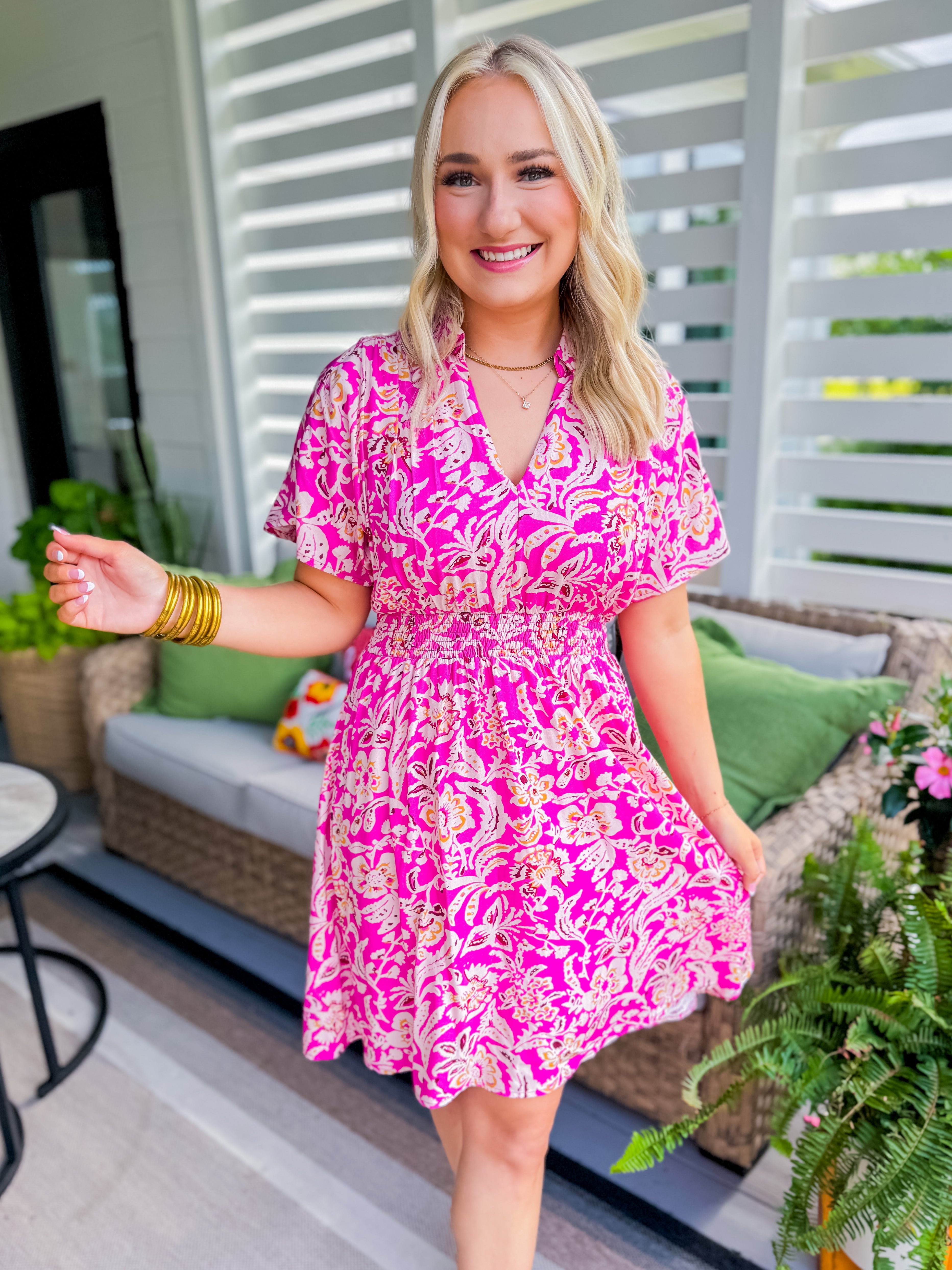 Short Sleeve Mini Dress in Hot Pink Floral