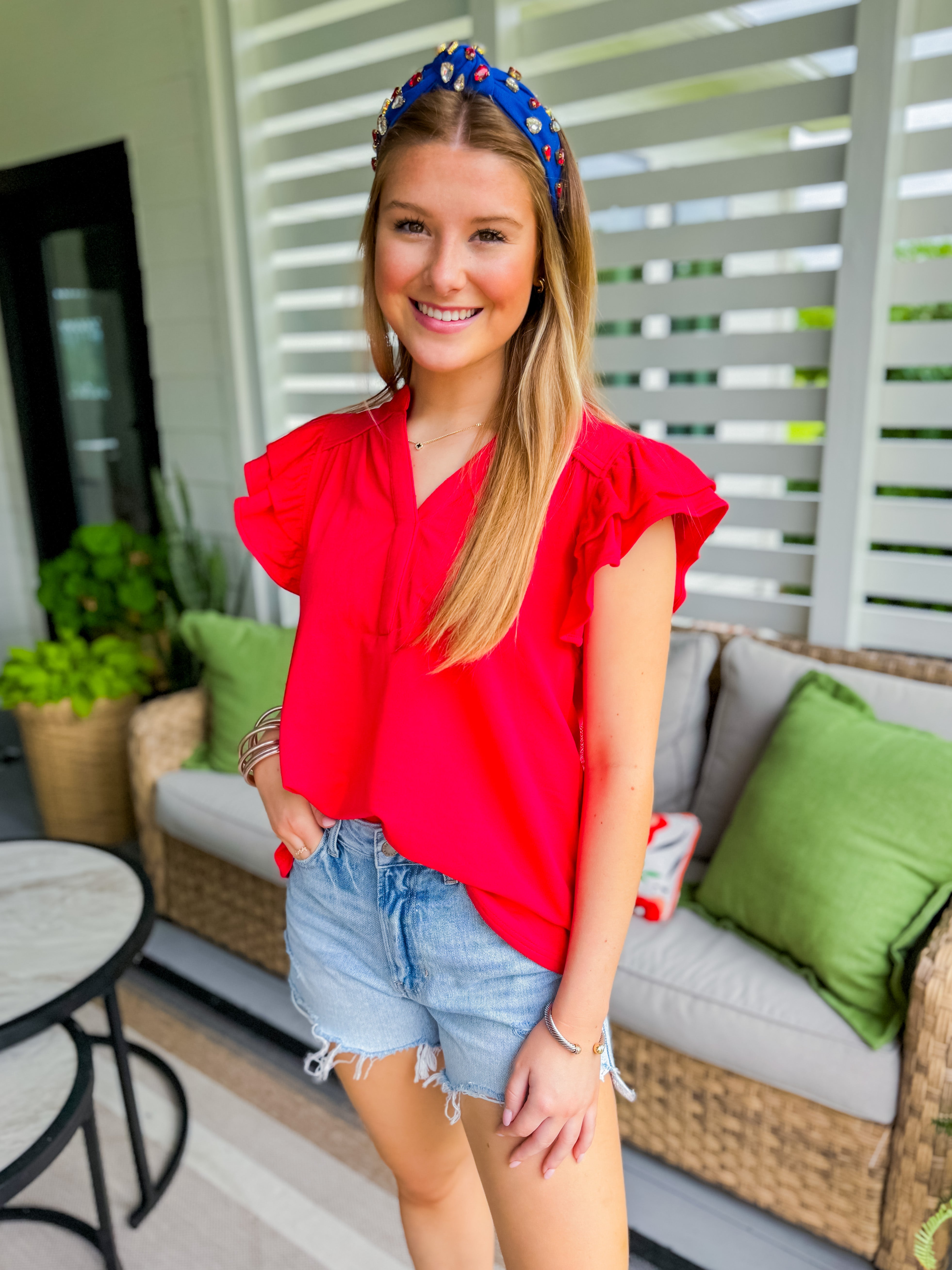 French Terry Boxy Cut V-Neck Ruffle Sleeve Top in Cherry Red