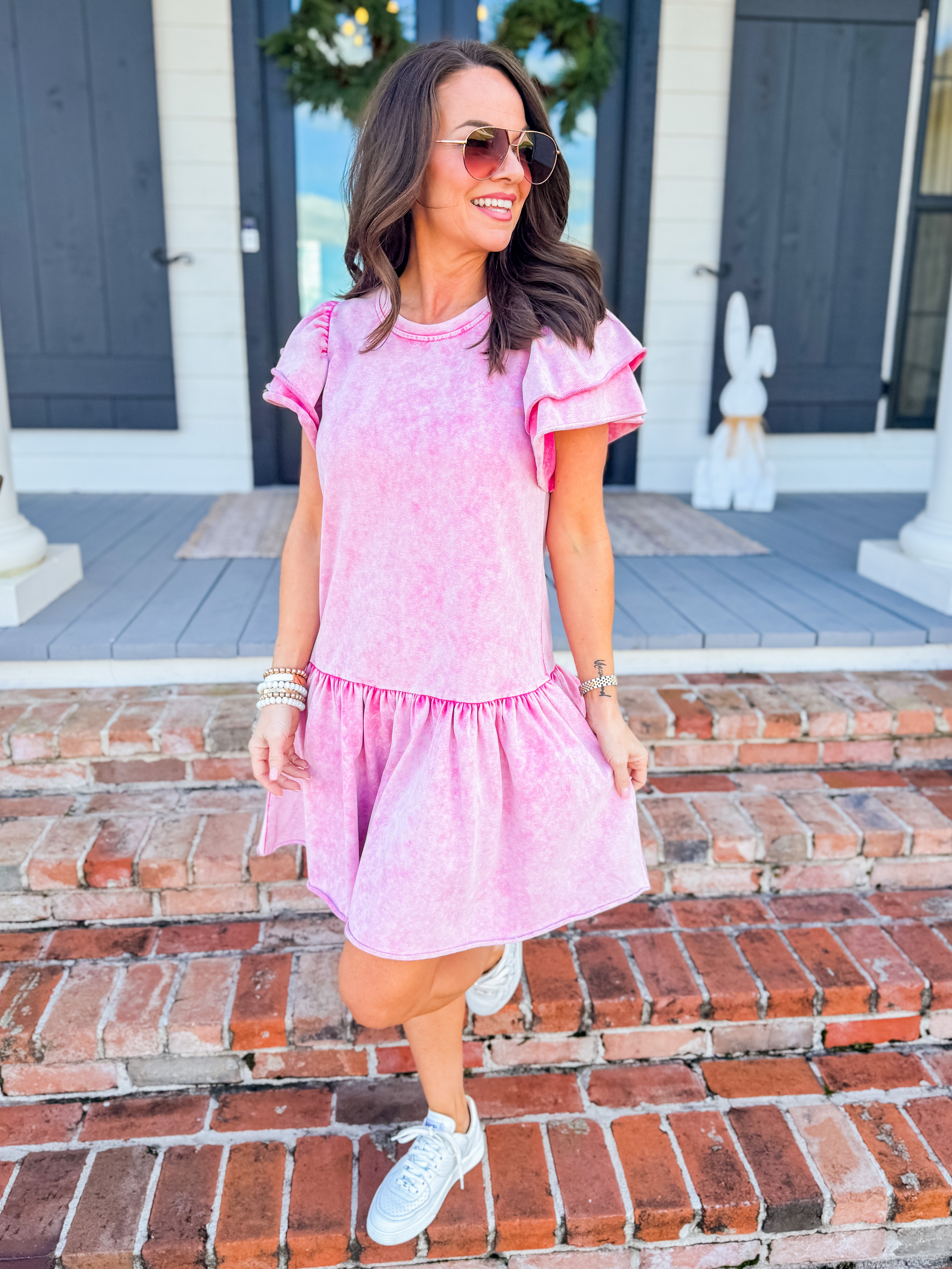 Short Layered Ruffle Sleeve Garment Dyed French Terry Dress in Pink