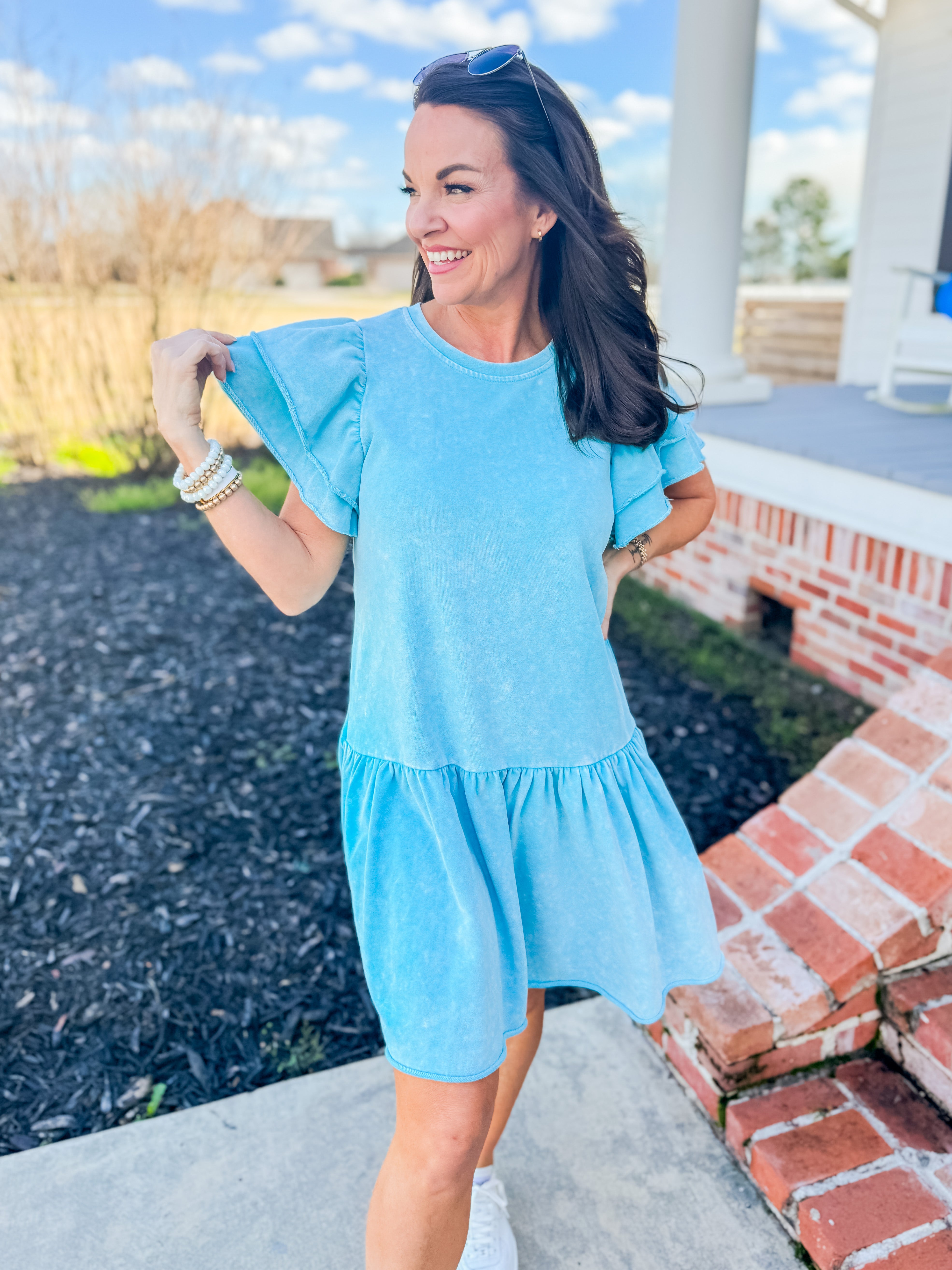 Short Layered Ruffle Sleeve Garment Dyed French Terry Dress in Blue