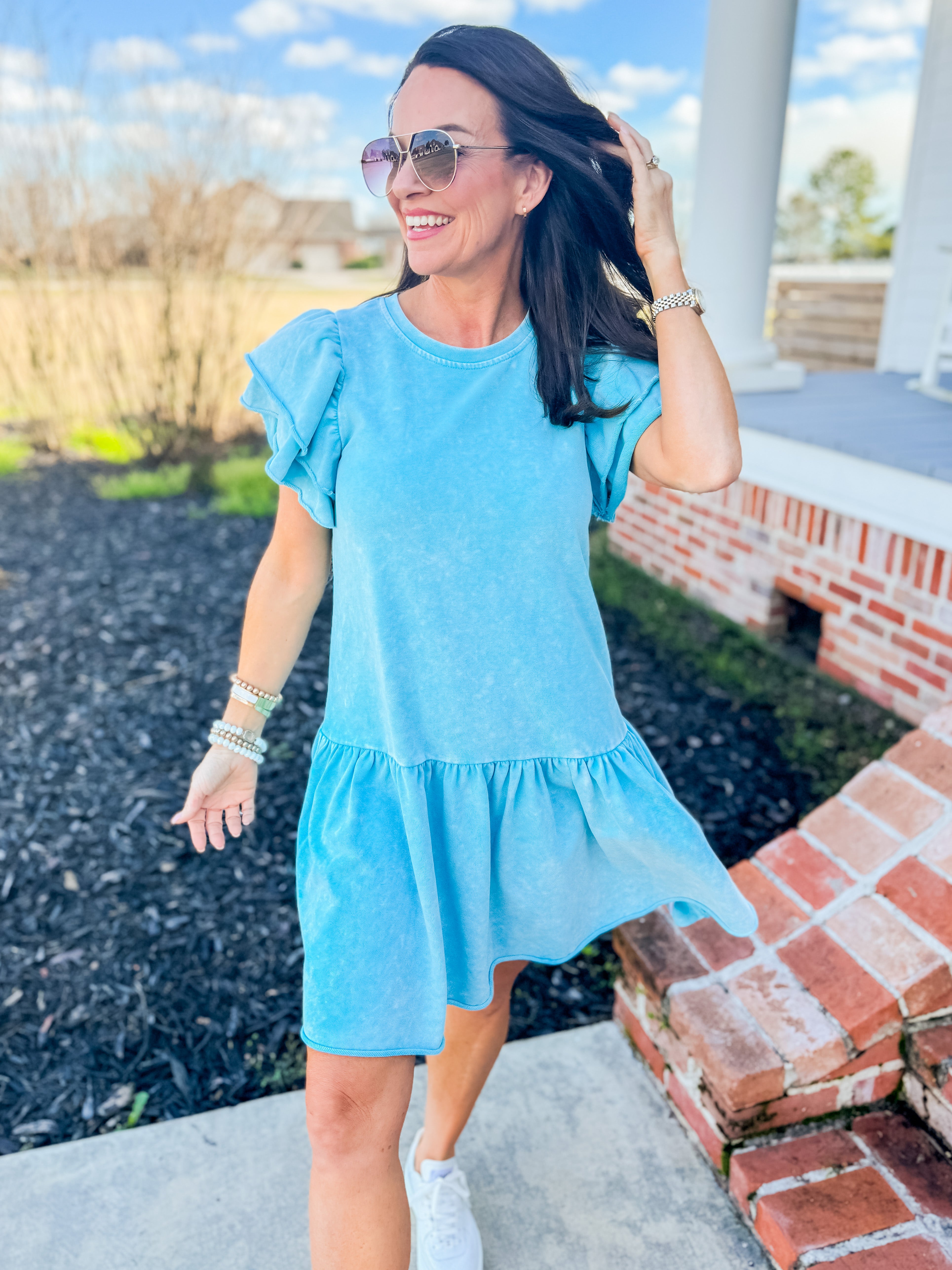 Short Layered Ruffle Sleeve Garment Dyed French Terry Dress in Blue