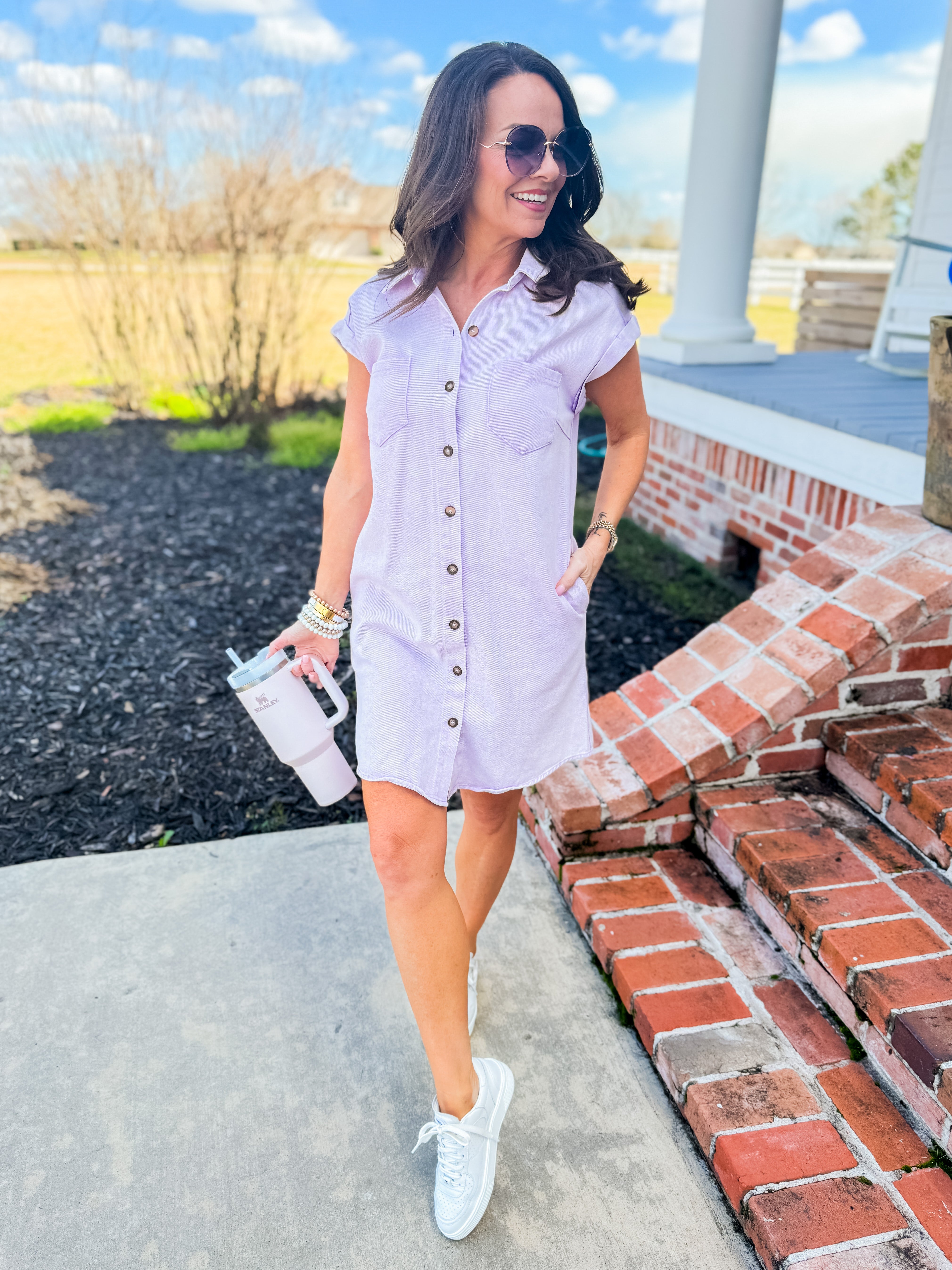 Folded Cuff Button Down Washed Twill Shirt Dress in Lilac