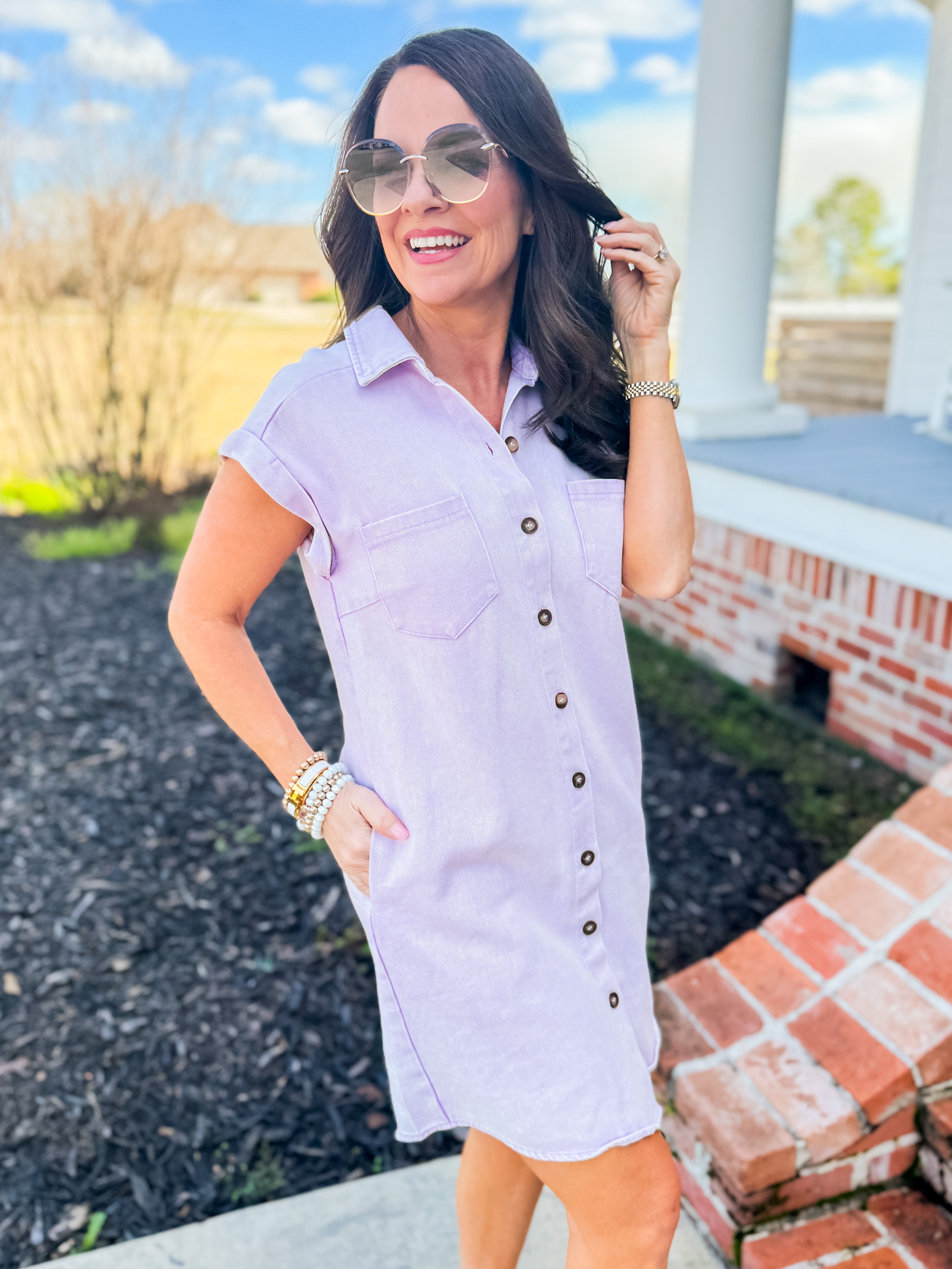 Folded Cuff Button Down Washed Twill Shirt Dress in Lilac