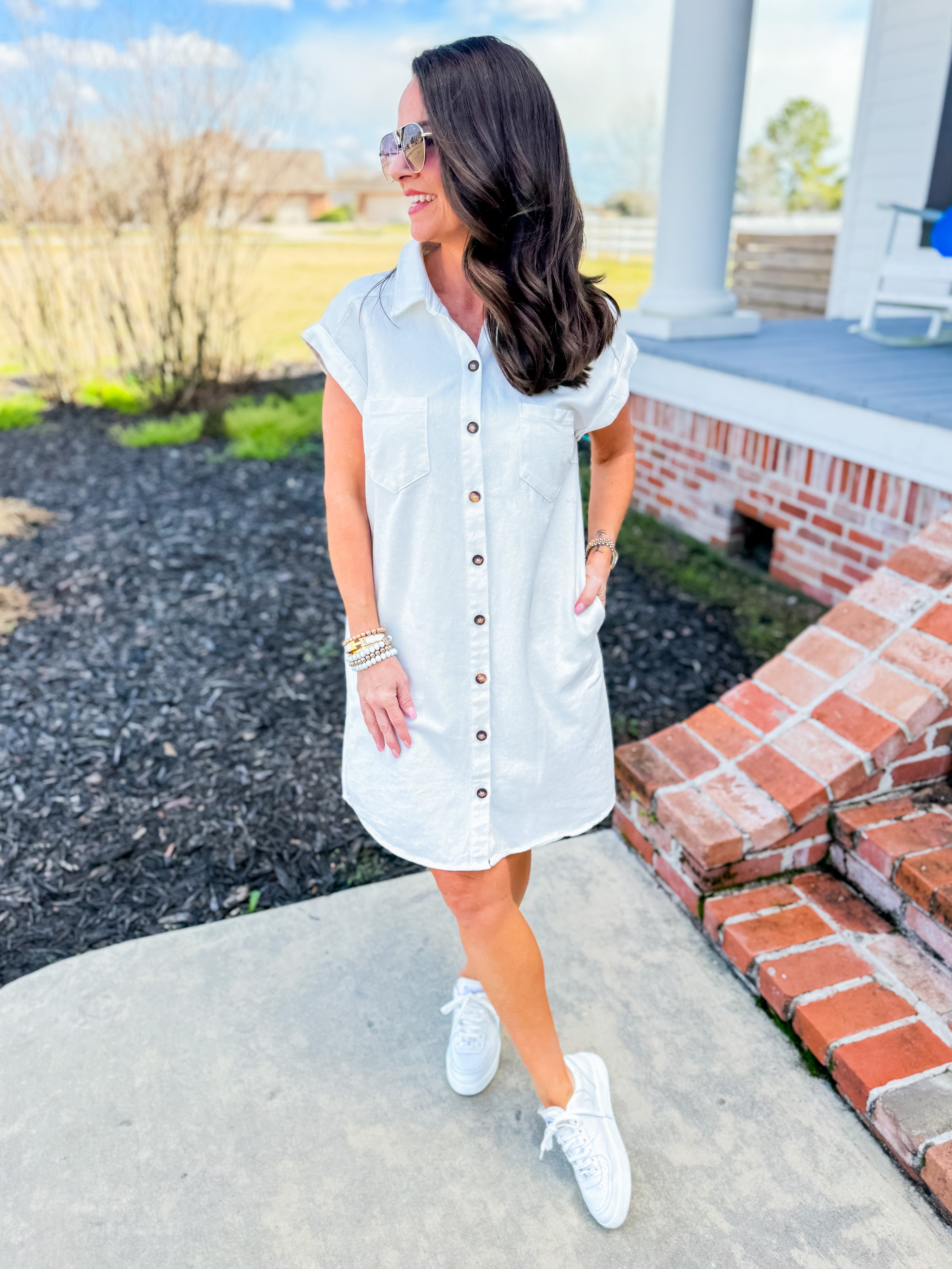 Folded Cuff Button Down Washed Twill Shirt Dress in White