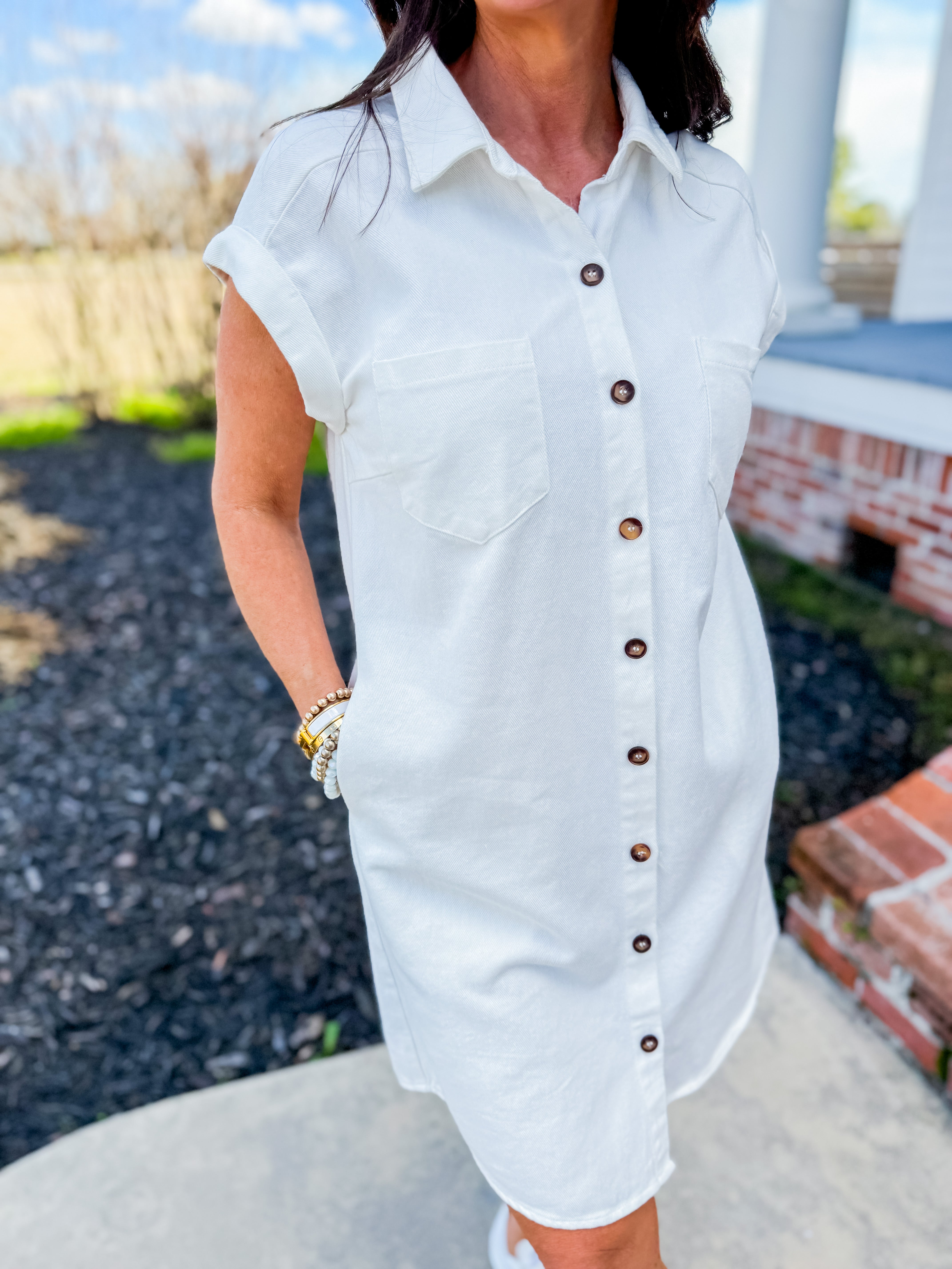Folded Cuff Button Down Washed Twill Shirt Dress in White