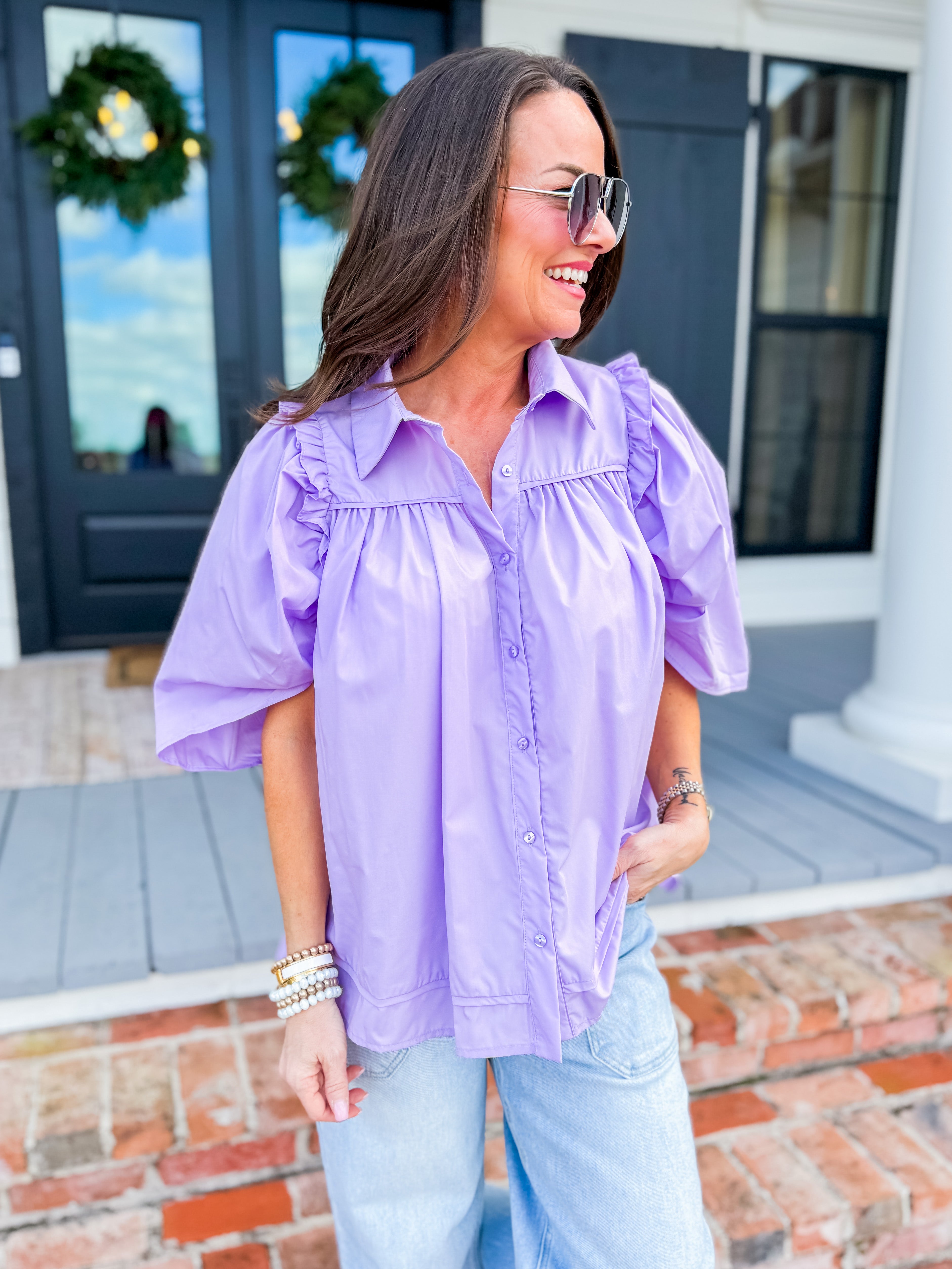 Solid Button Up Top in Lavender