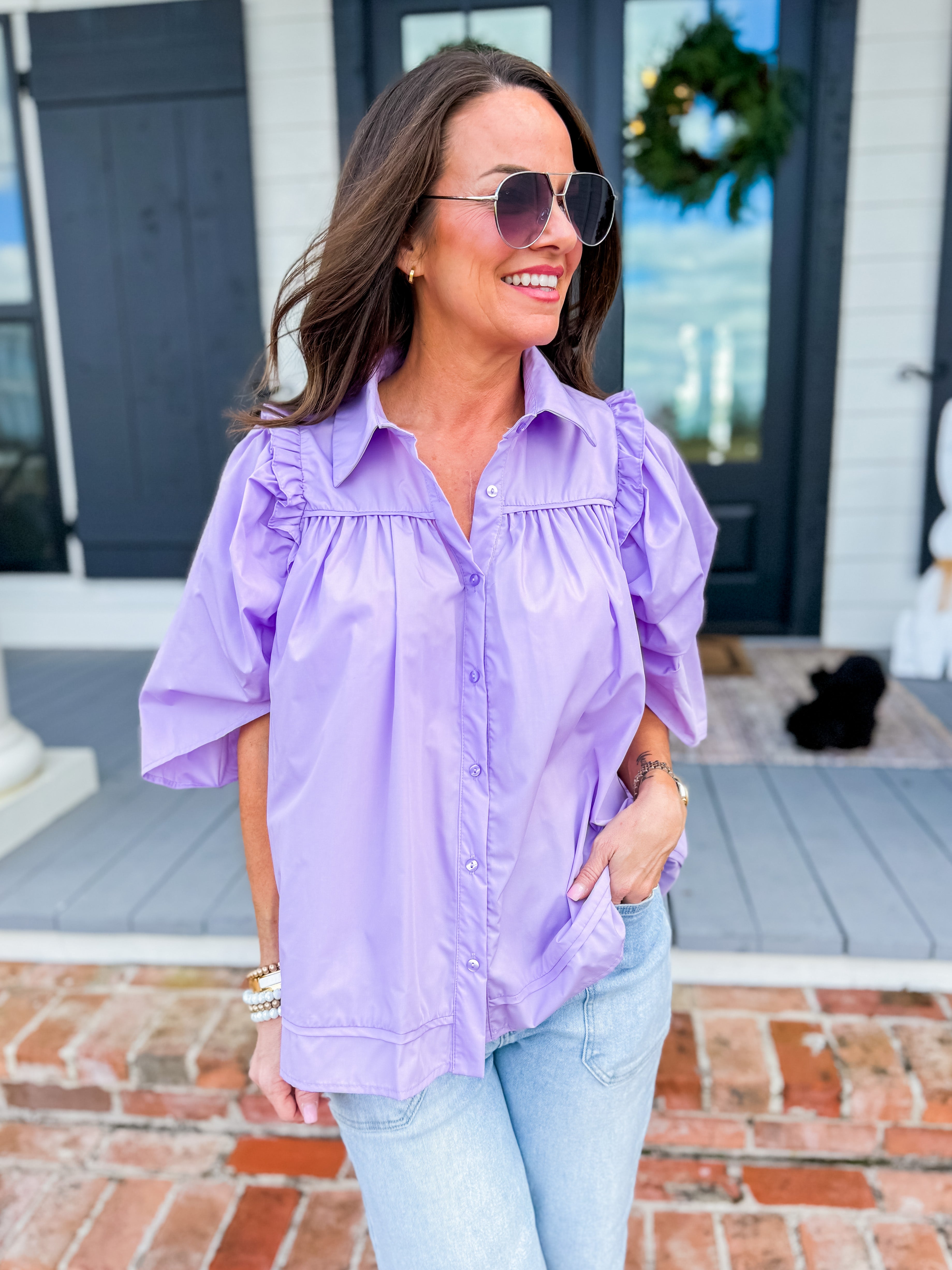 Solid Button Up Top in Lavender