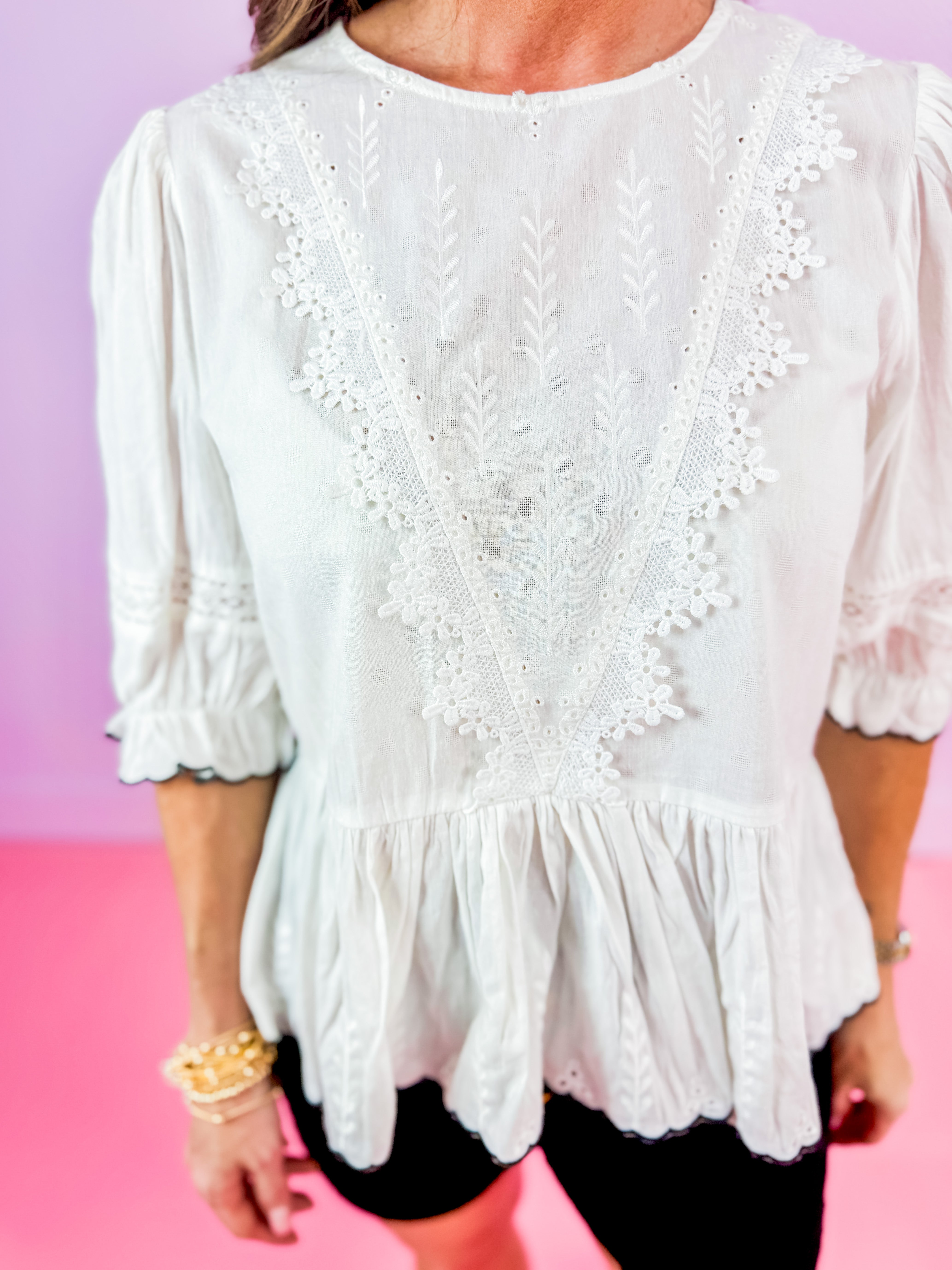 Embroidered Blouse with Scallop Hem