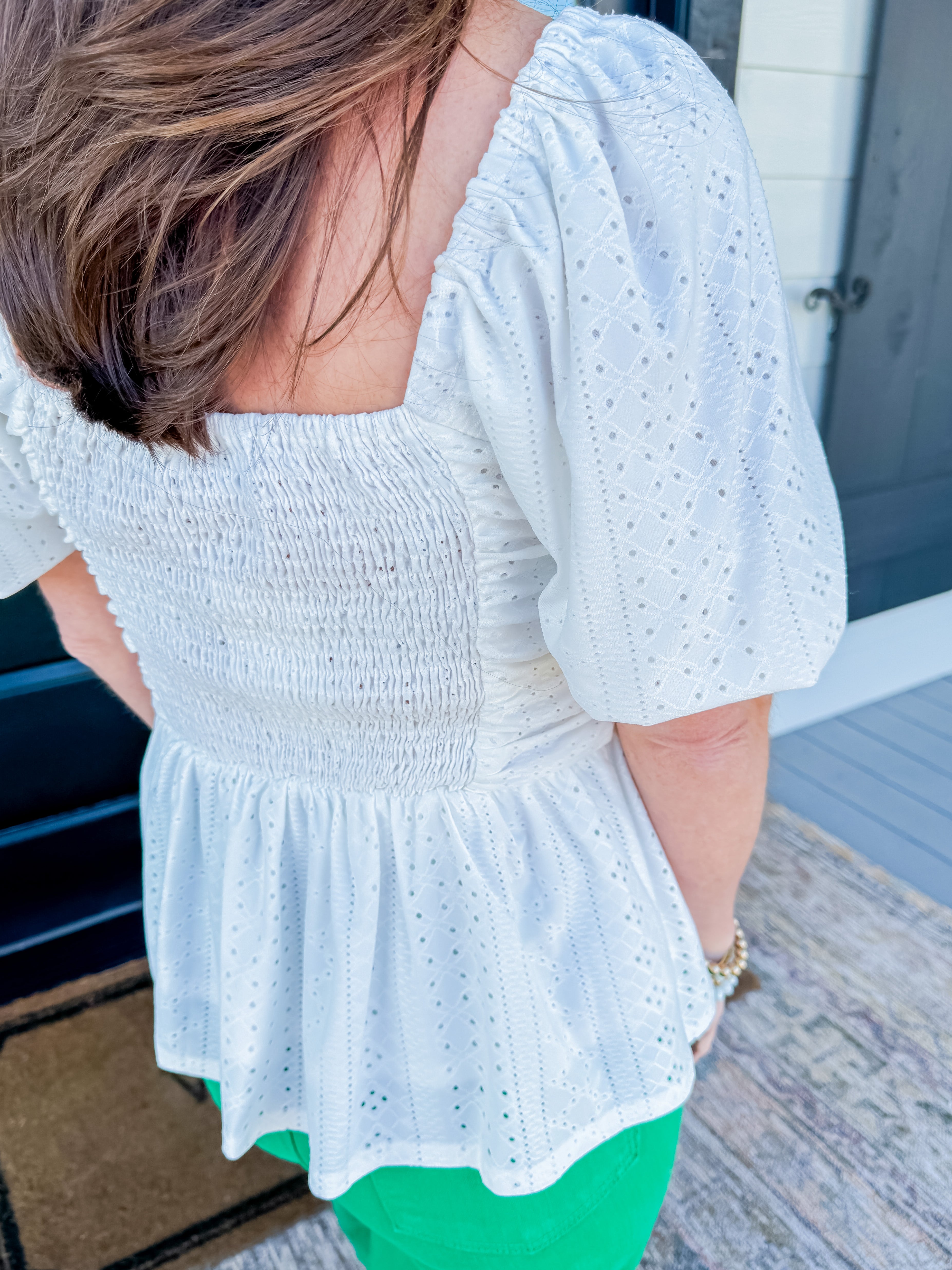 White Puff Sleeve Lined Ruched Peplum Top