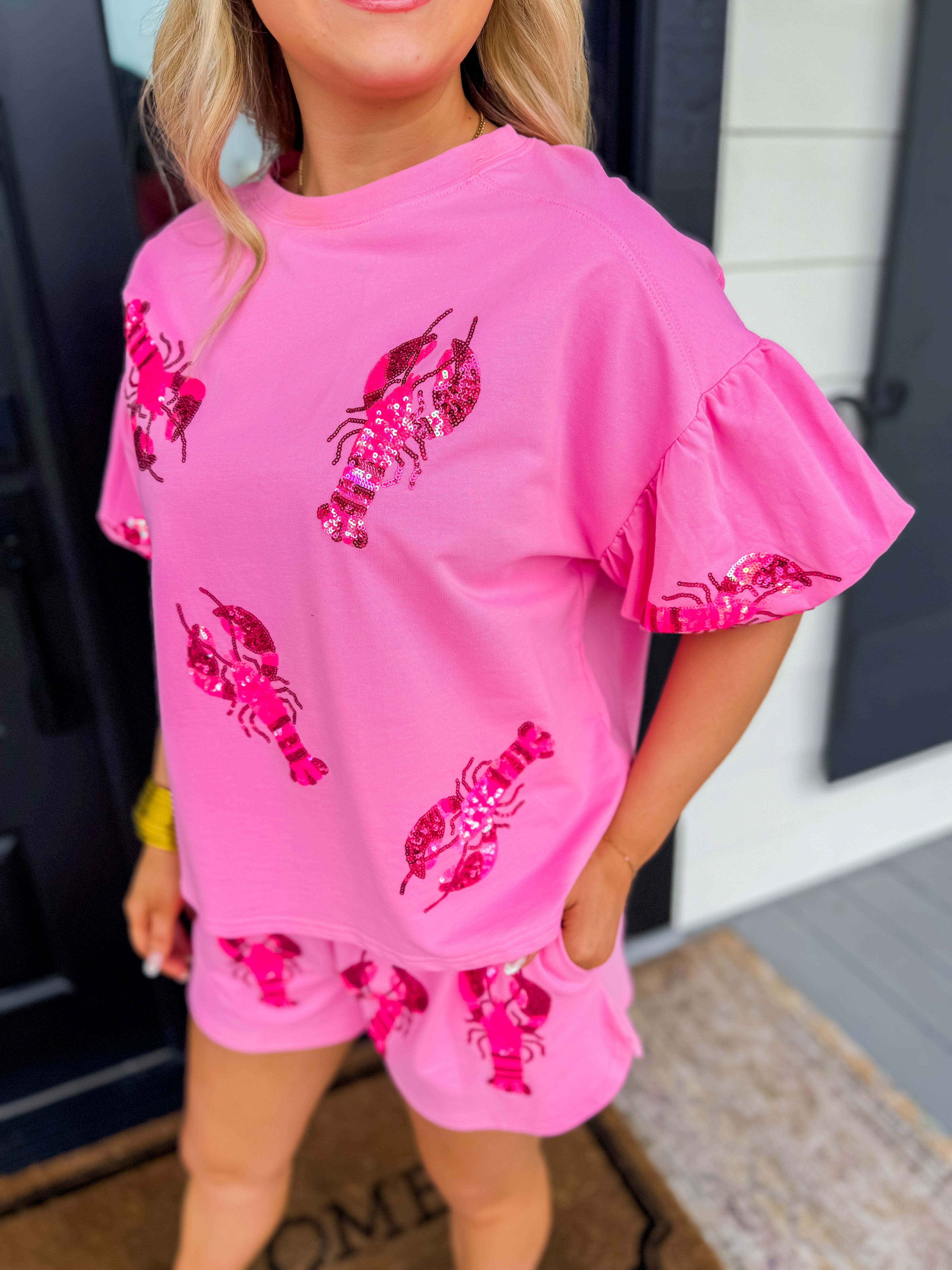 Sequin Crawfish Puff Sleeve Top & Short Set in Pink