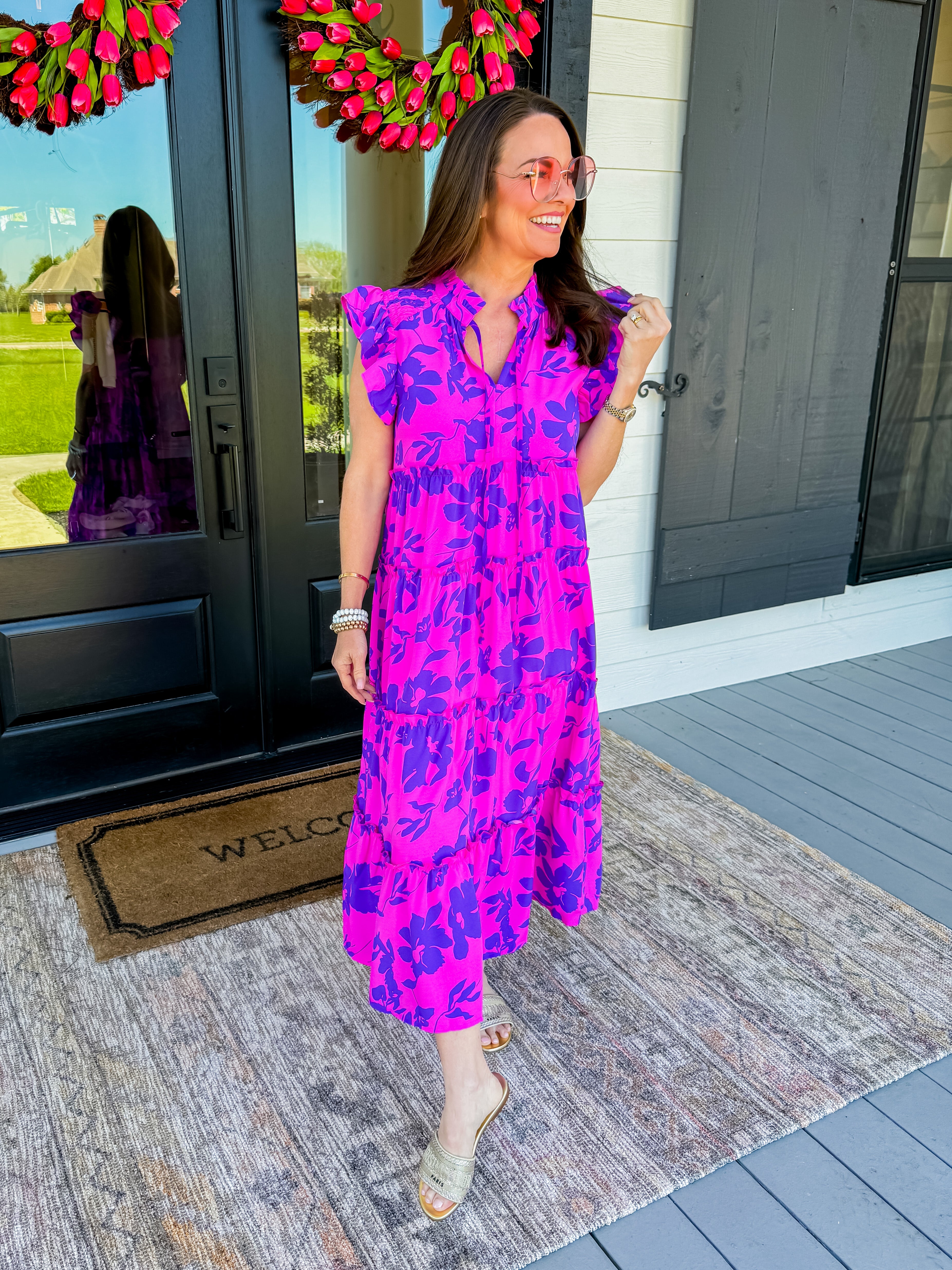 Floral Print Tiered Maxi Dress in Magenta Mix