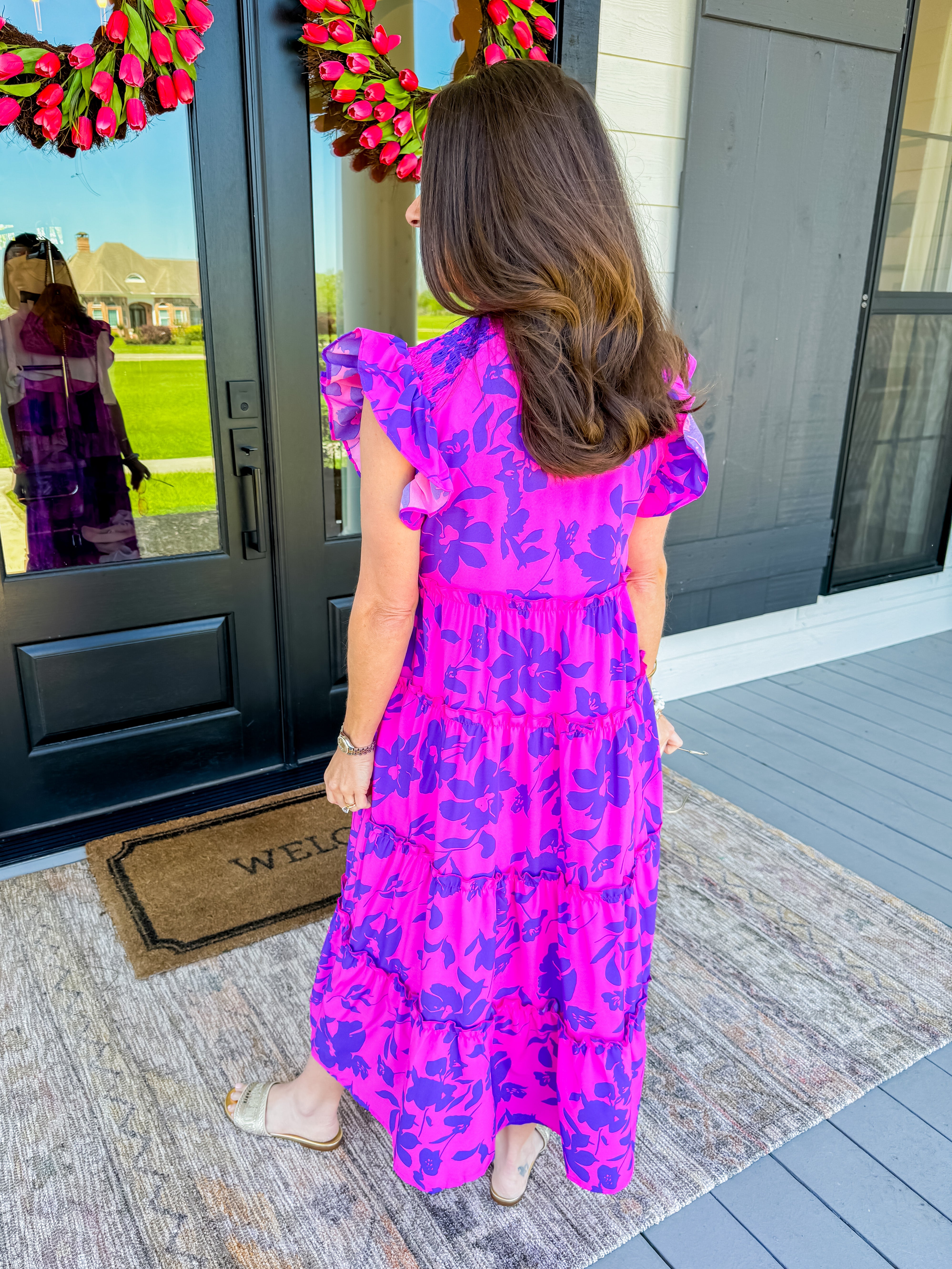 Floral Print Tiered Maxi Dress in Magenta Mix