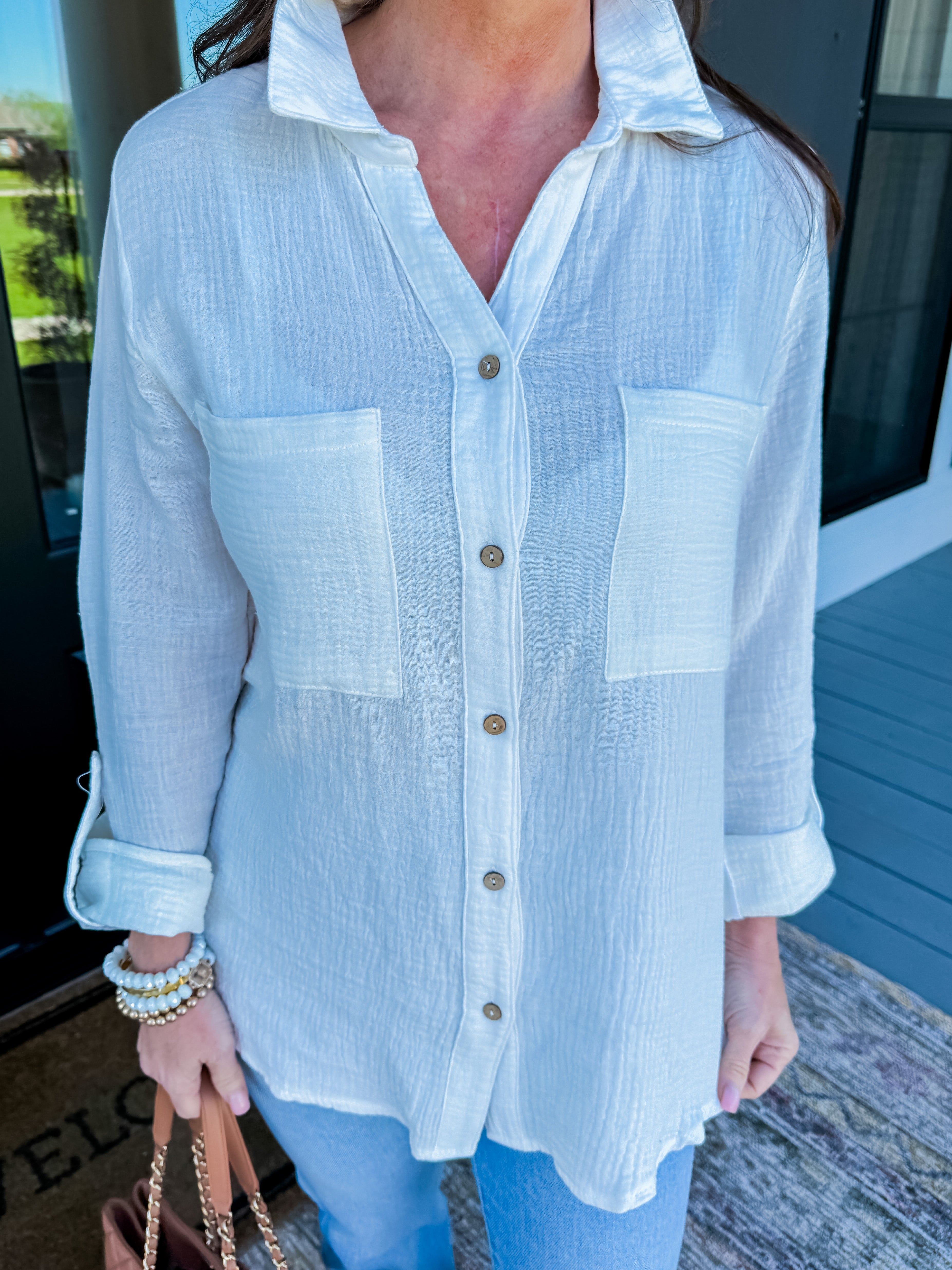 Long Sleeve Double Gauze Button Down Shirt in White