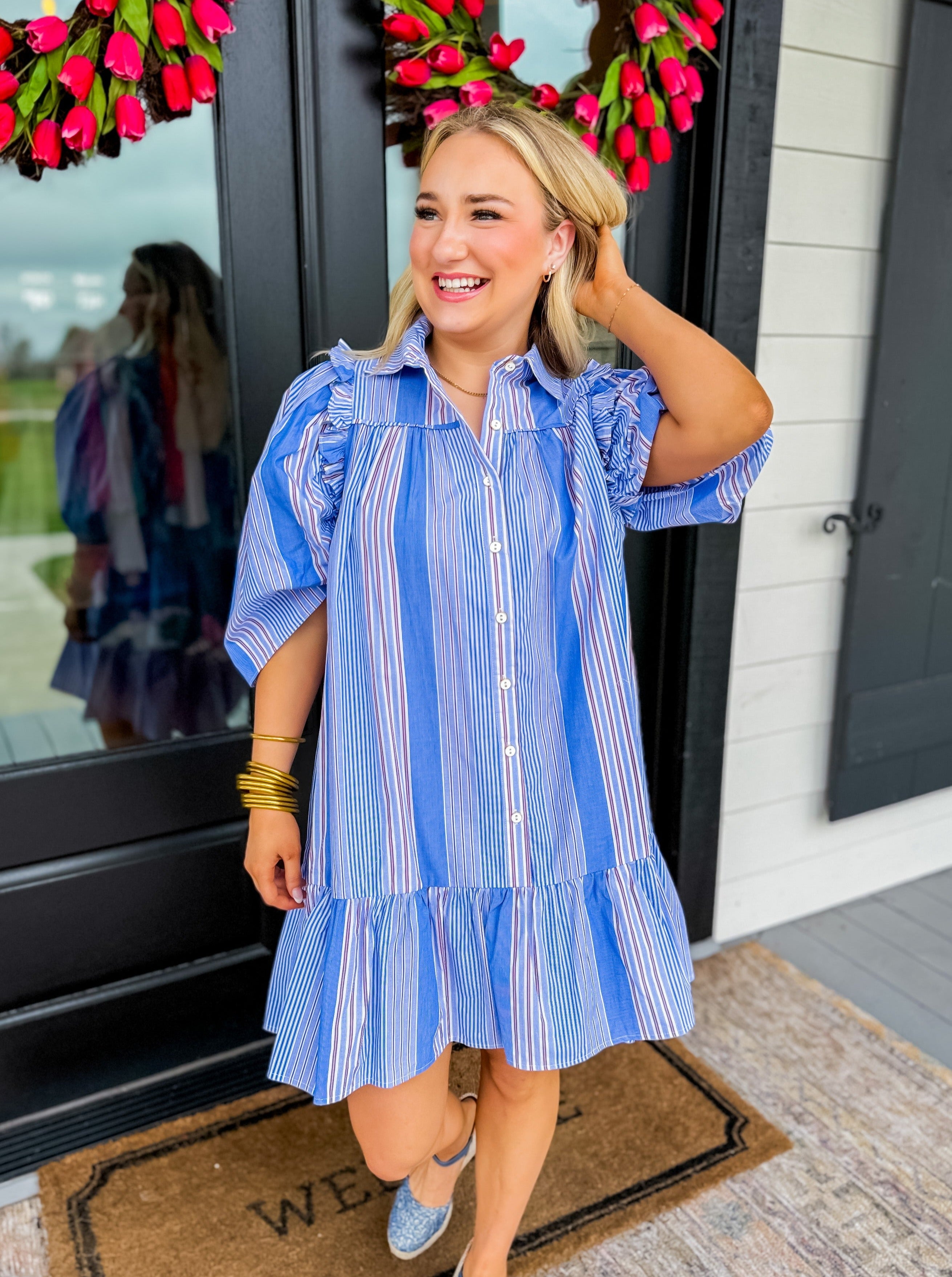 Karlie Blue Striped Button Down Dress