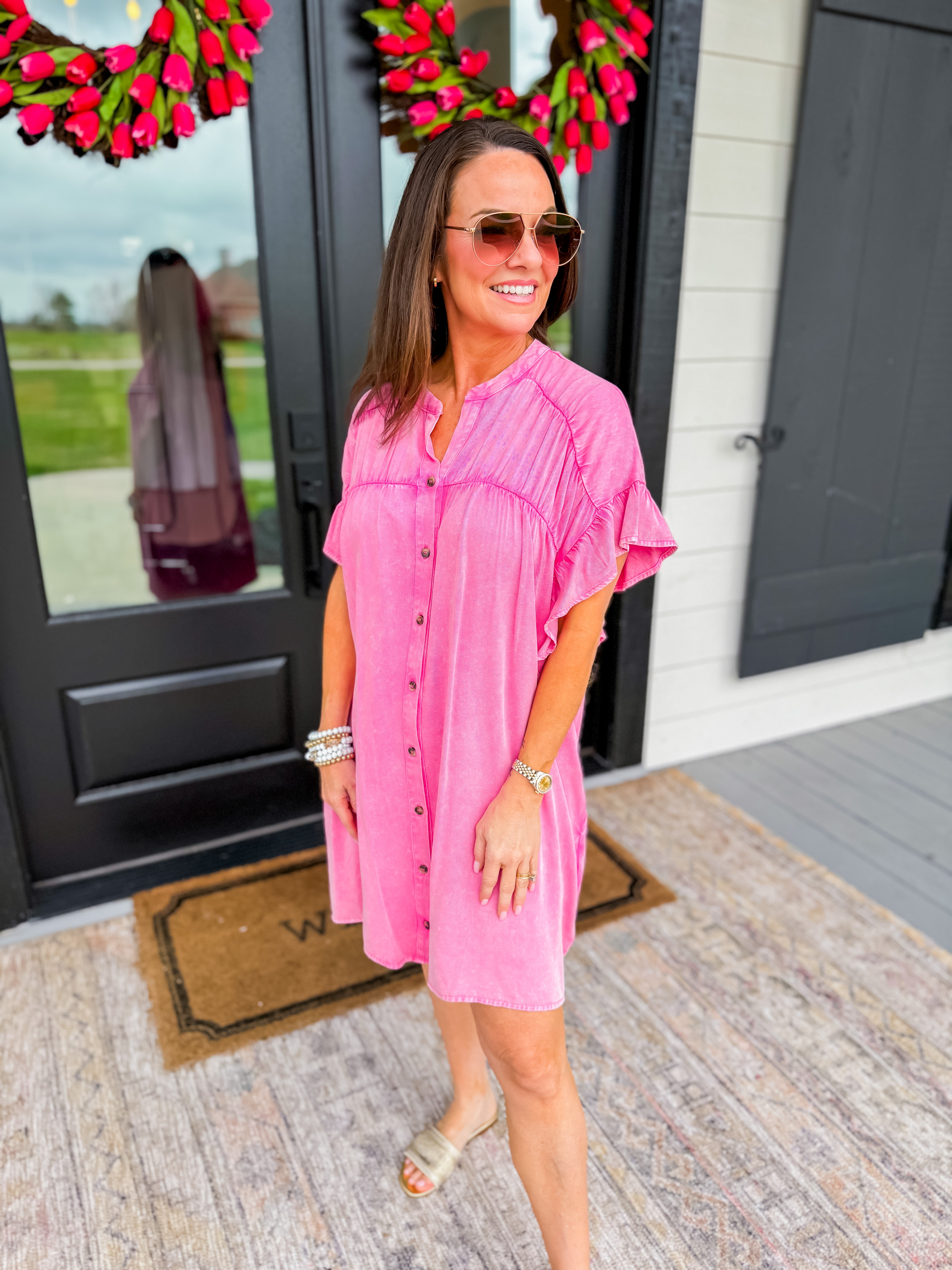 Pink Washed Denim Short Sleeve Button-Up Mini Dress