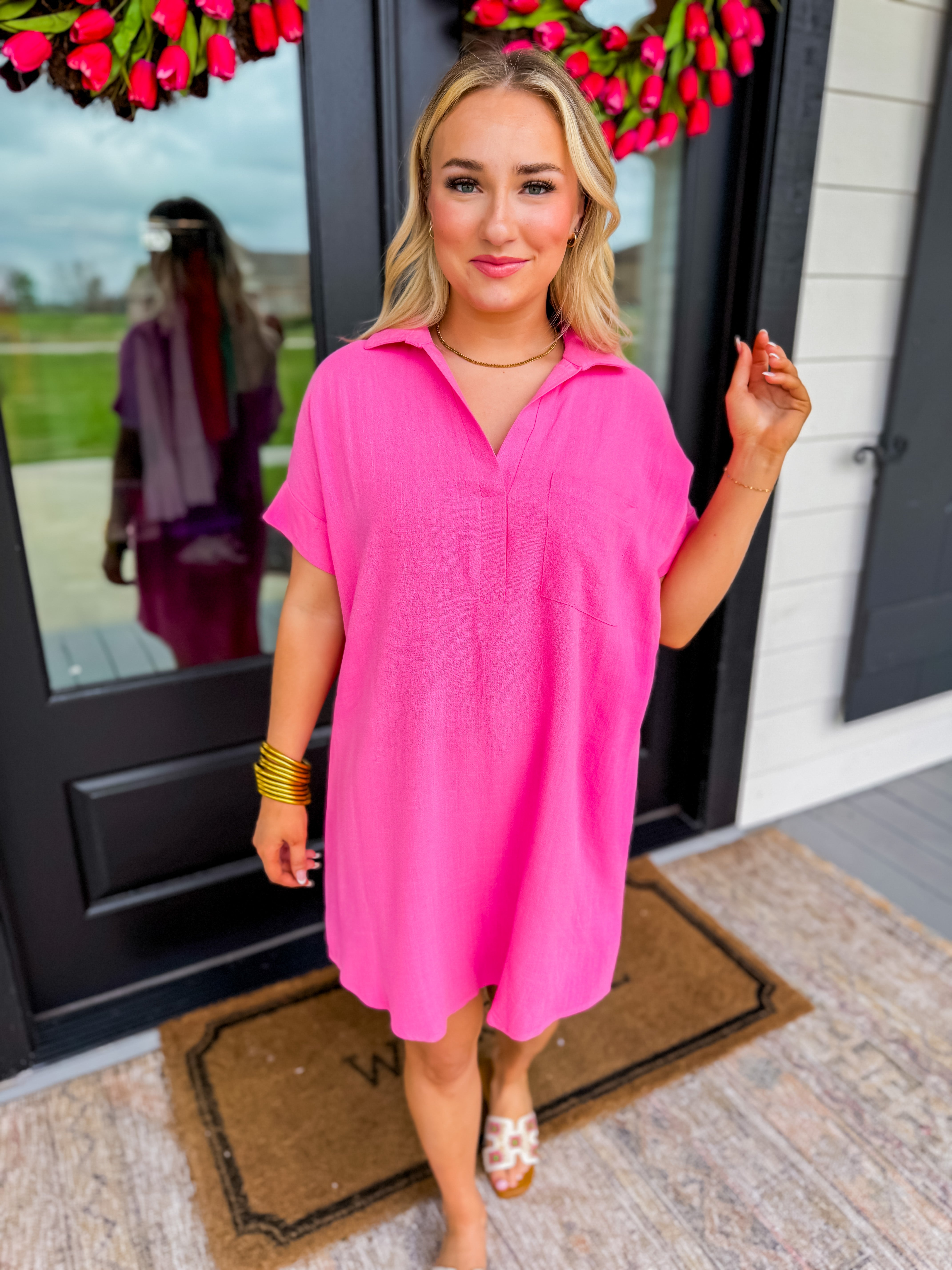 Pink Collared V-Neck Mini Shirt Dress