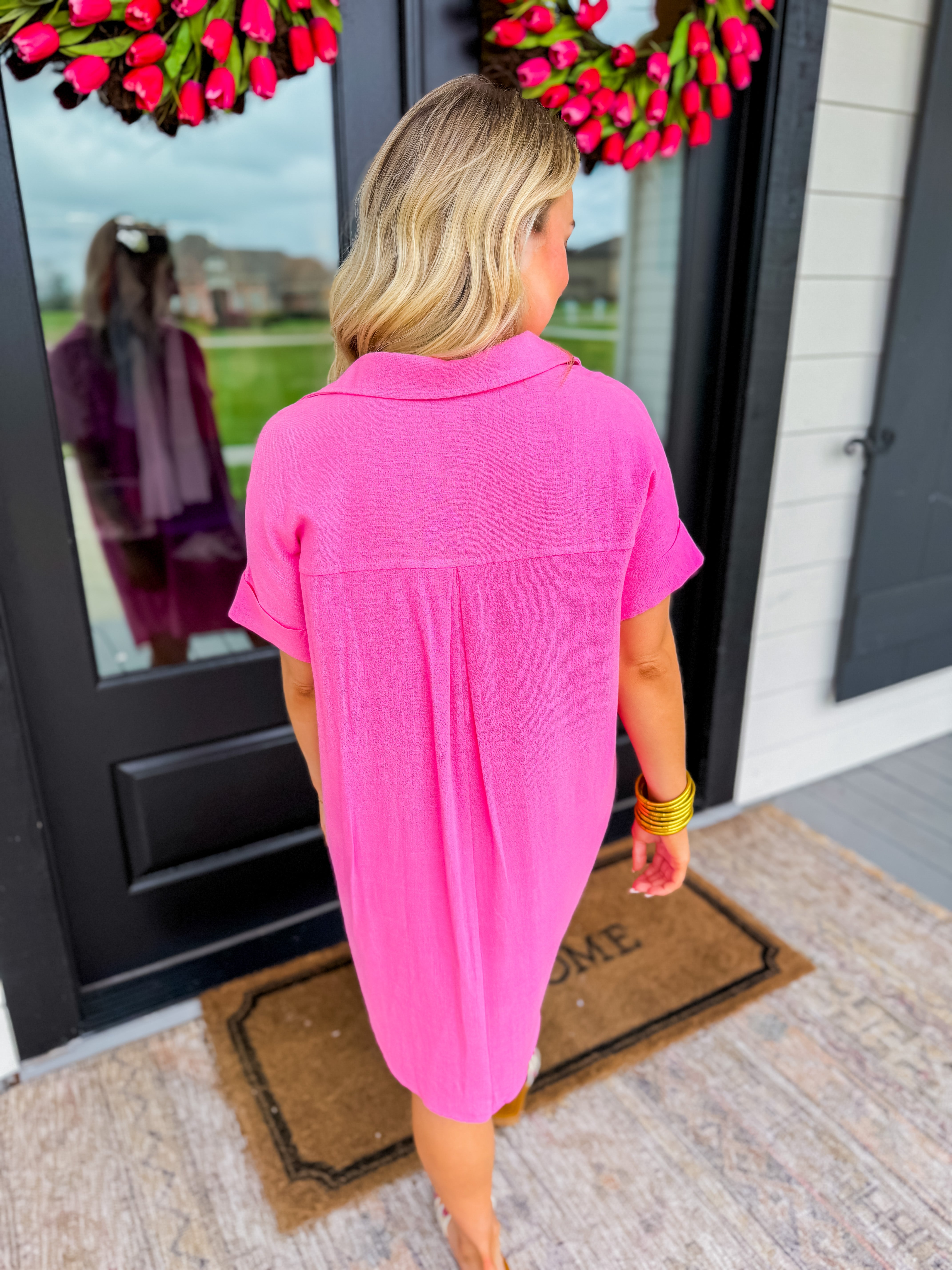 Pink Collared V-Neck Mini Shirt Dress Gaudie and Company Pink Collared V-Neck Mini Shirt Dress Gaudie and Company