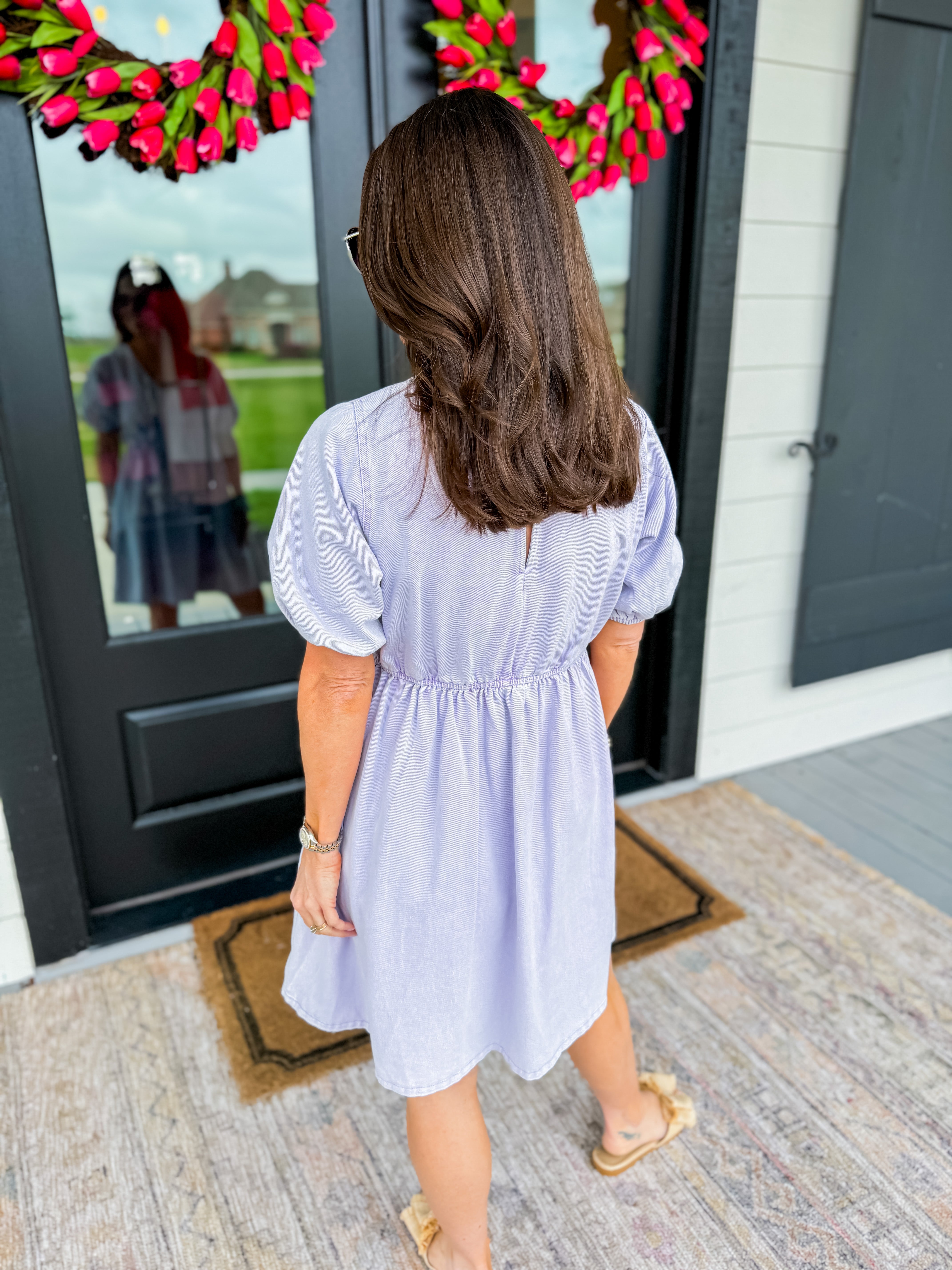 Lilac Short Sleeve Elastic Waist Washed V-Neck Dress