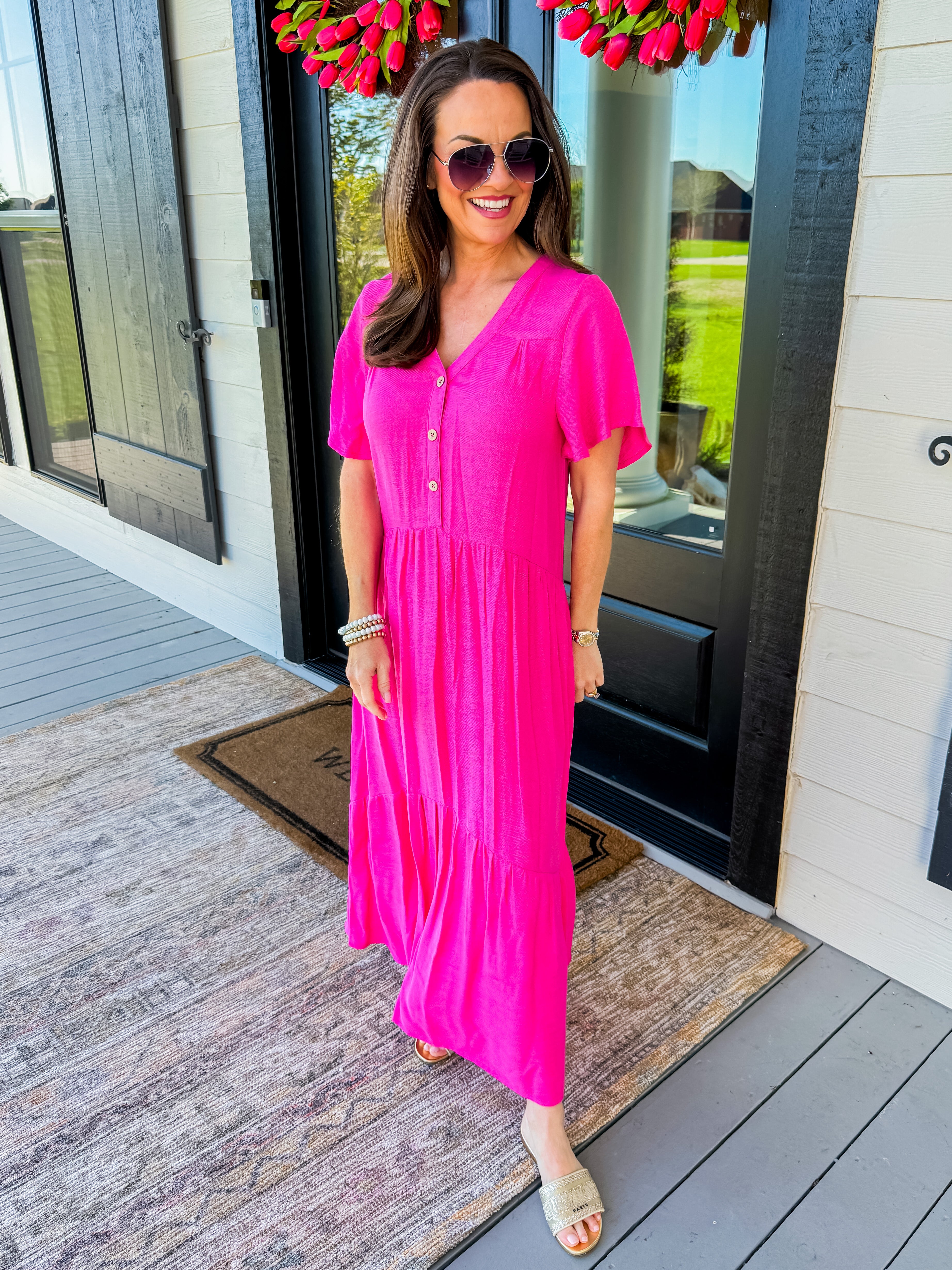 Woven Tiered V Neck Midi Dress in Hot Pink