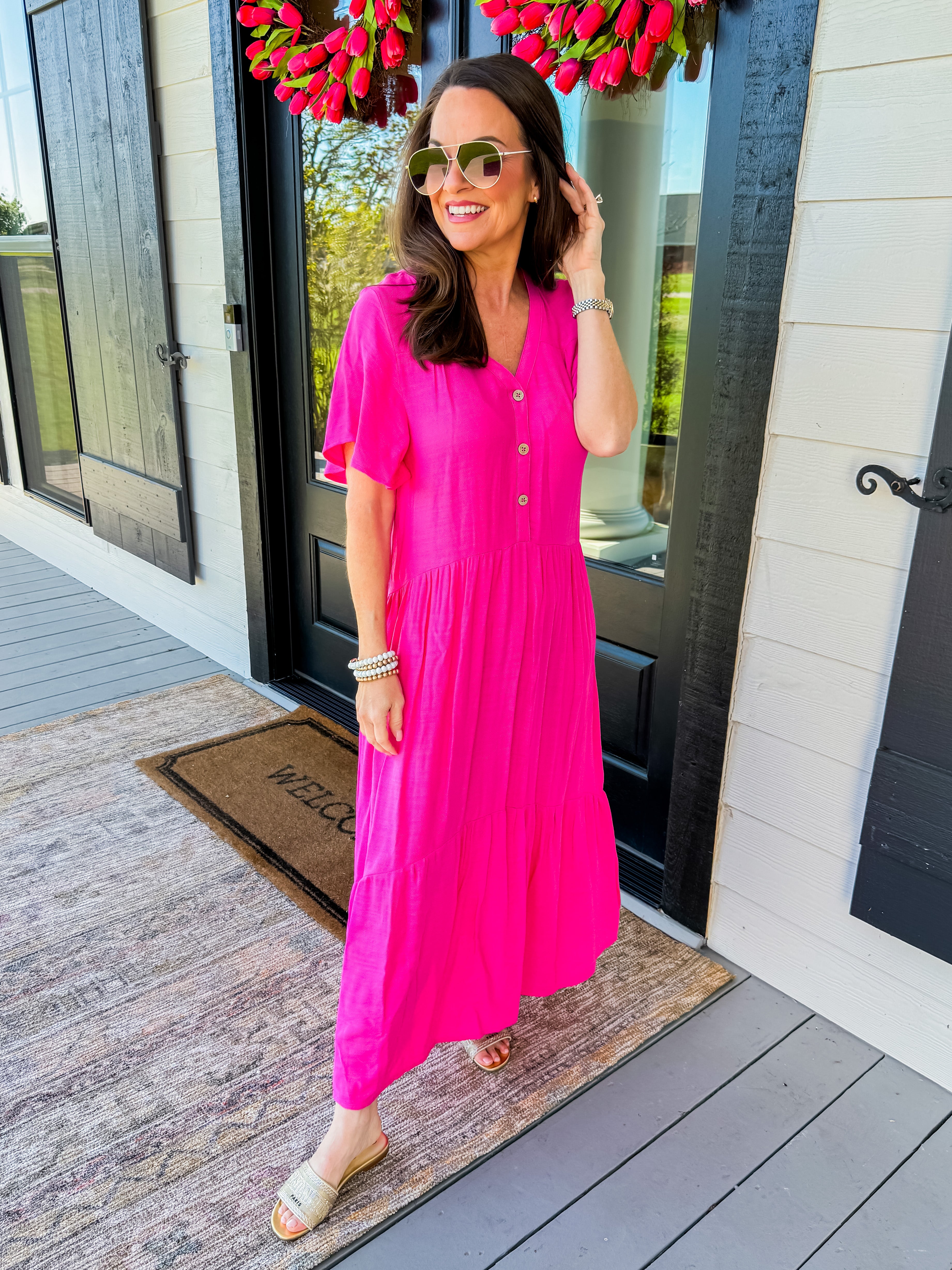 Woven Tiered V Neck Midi Dress in Hot Pink