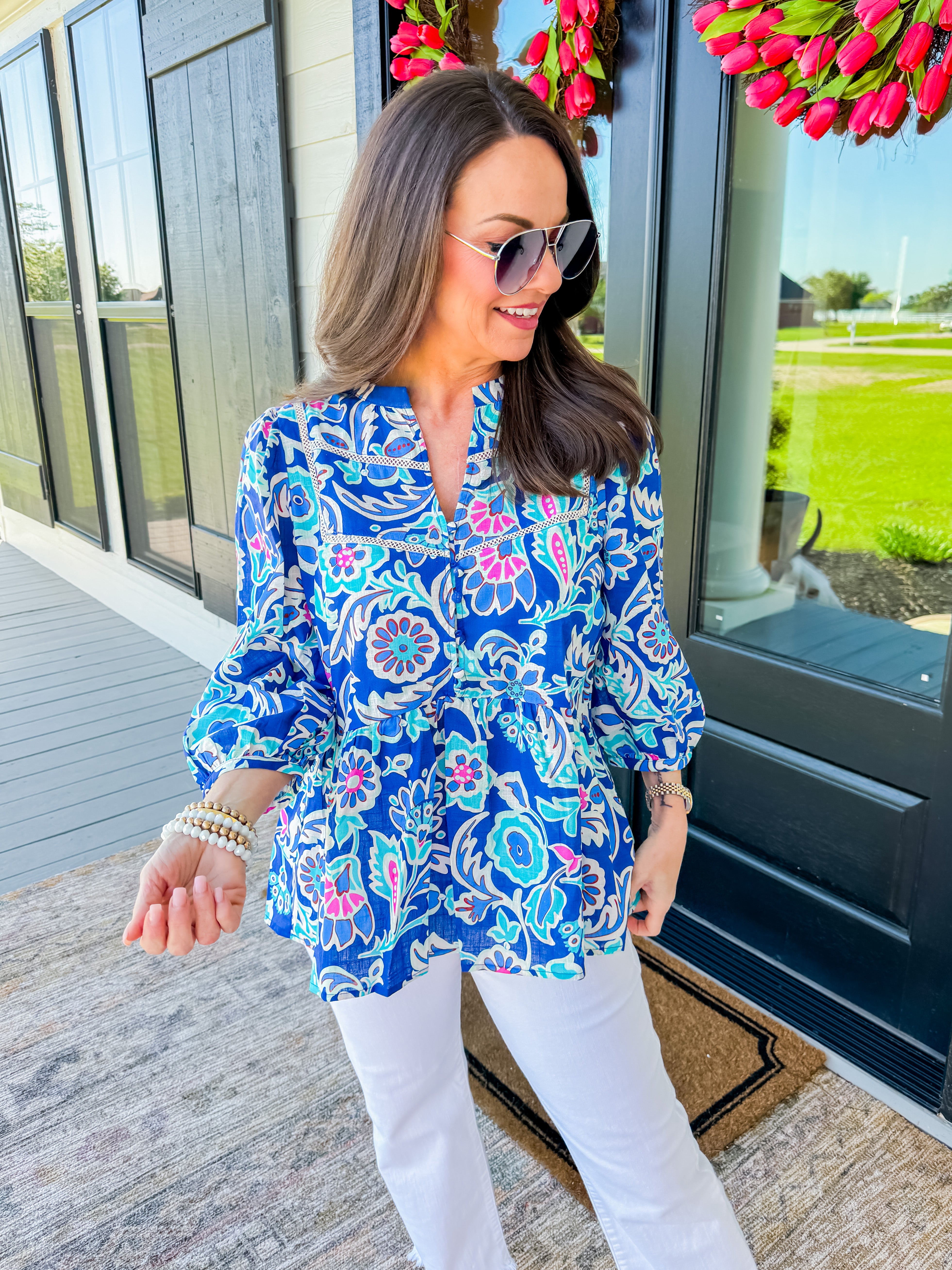Mixed Blues Print Top with Mid Button
