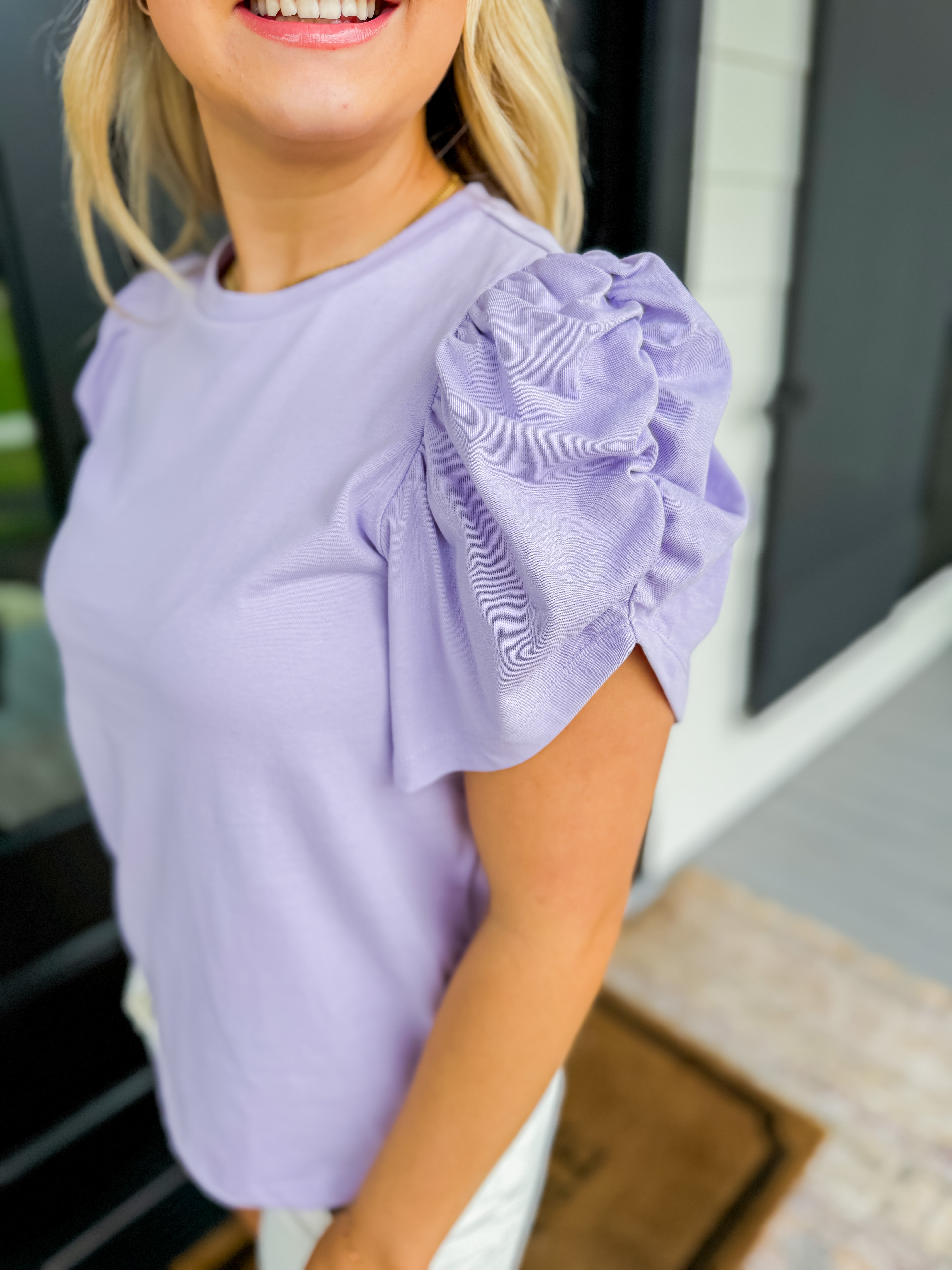 Lilac Shirring Sleeve Knit Top