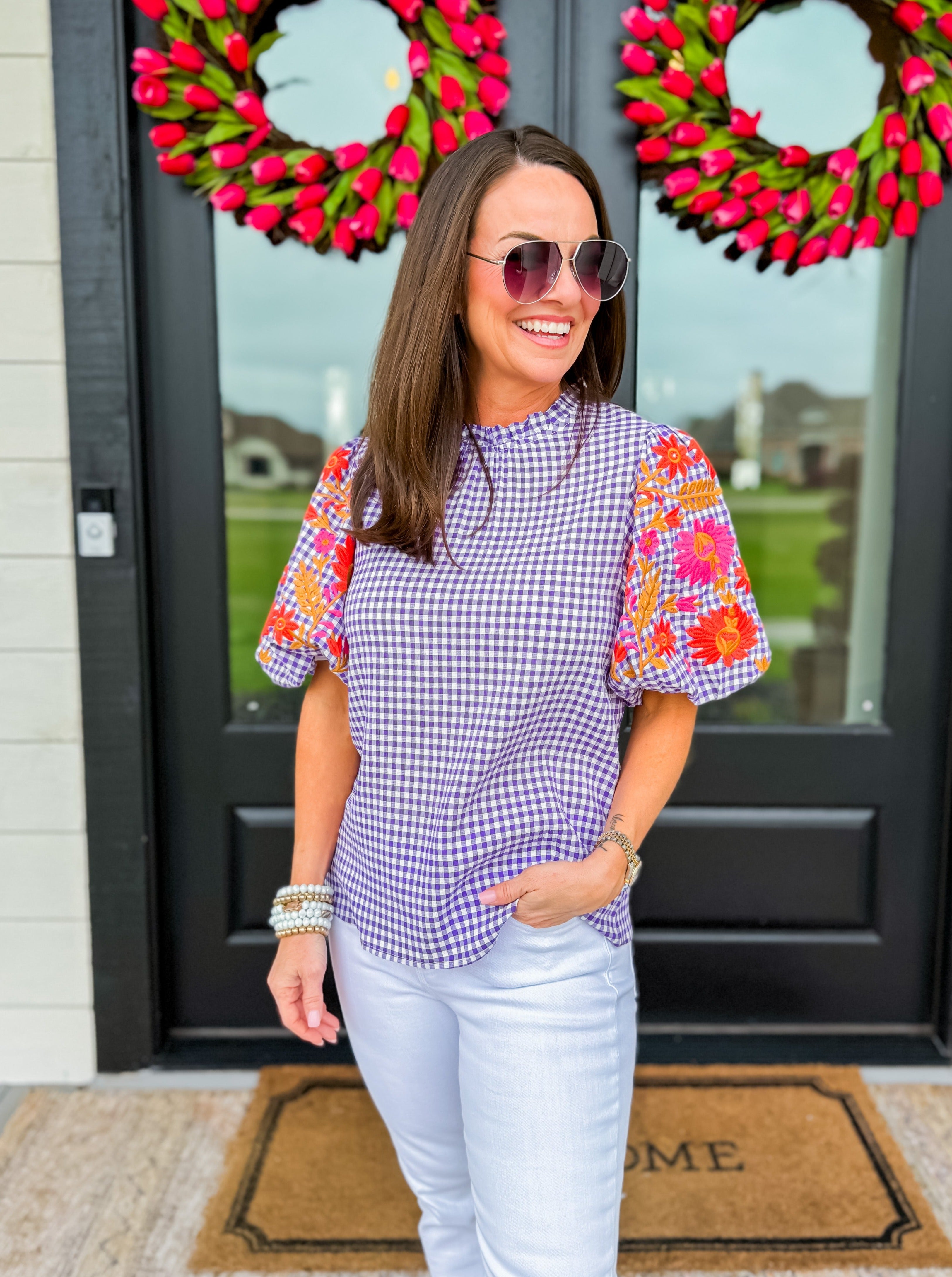 Purple & White Gingham Embroidered Puff Sleeve Top