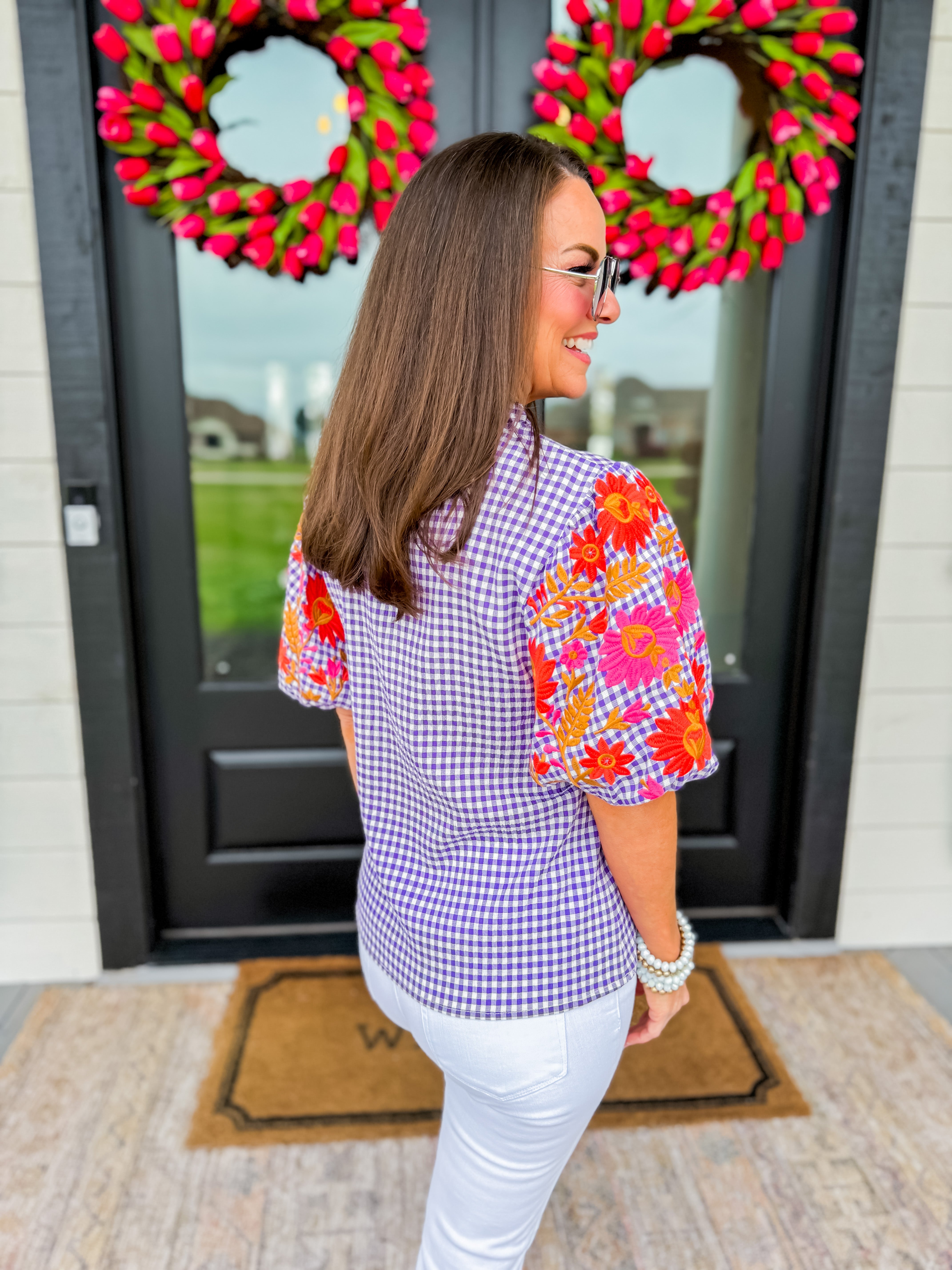 Purple & White Gingham Embroidered Puff Sleeve Top