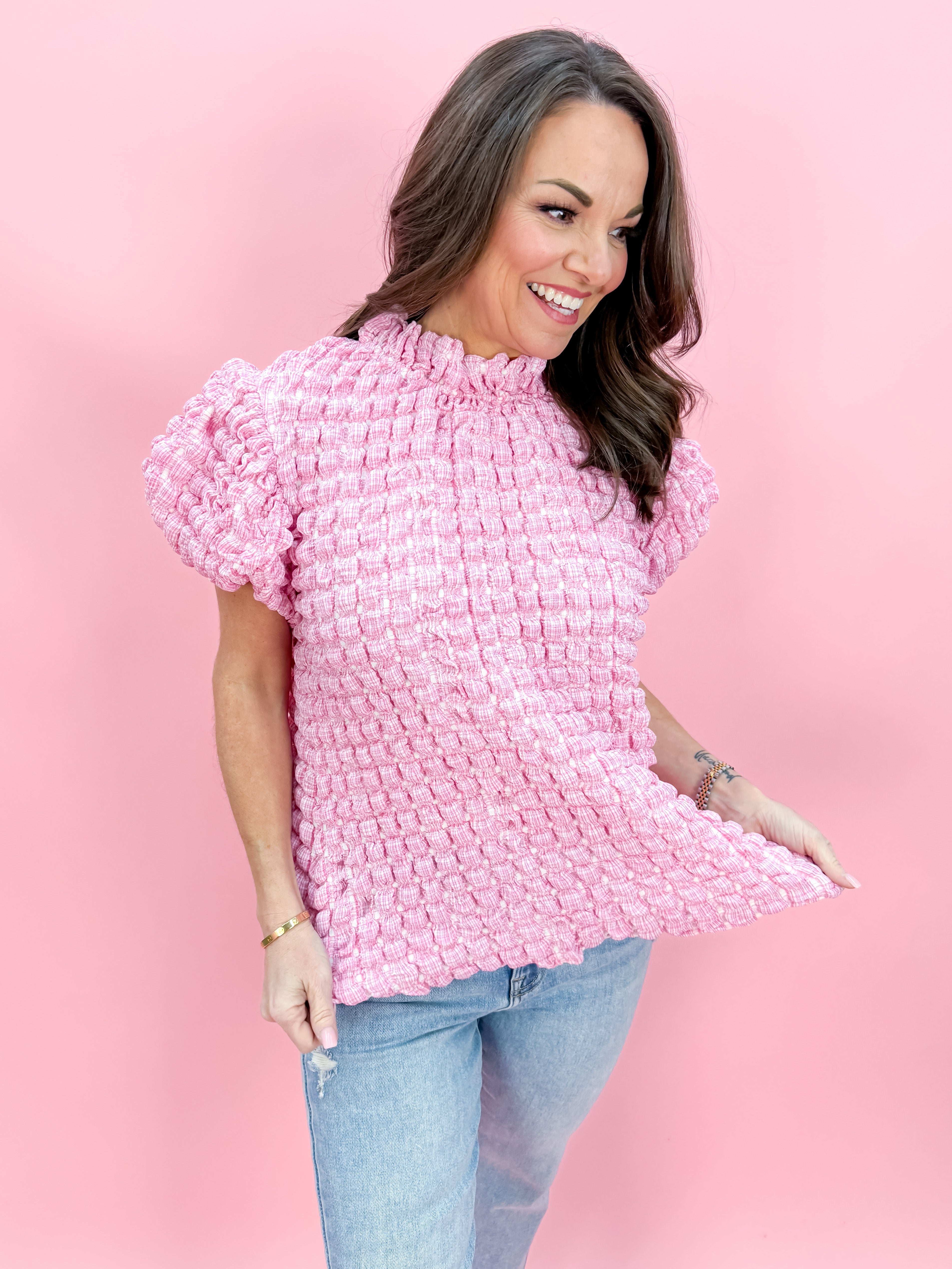 THML Puff Sleeve Textured Top in Pink
