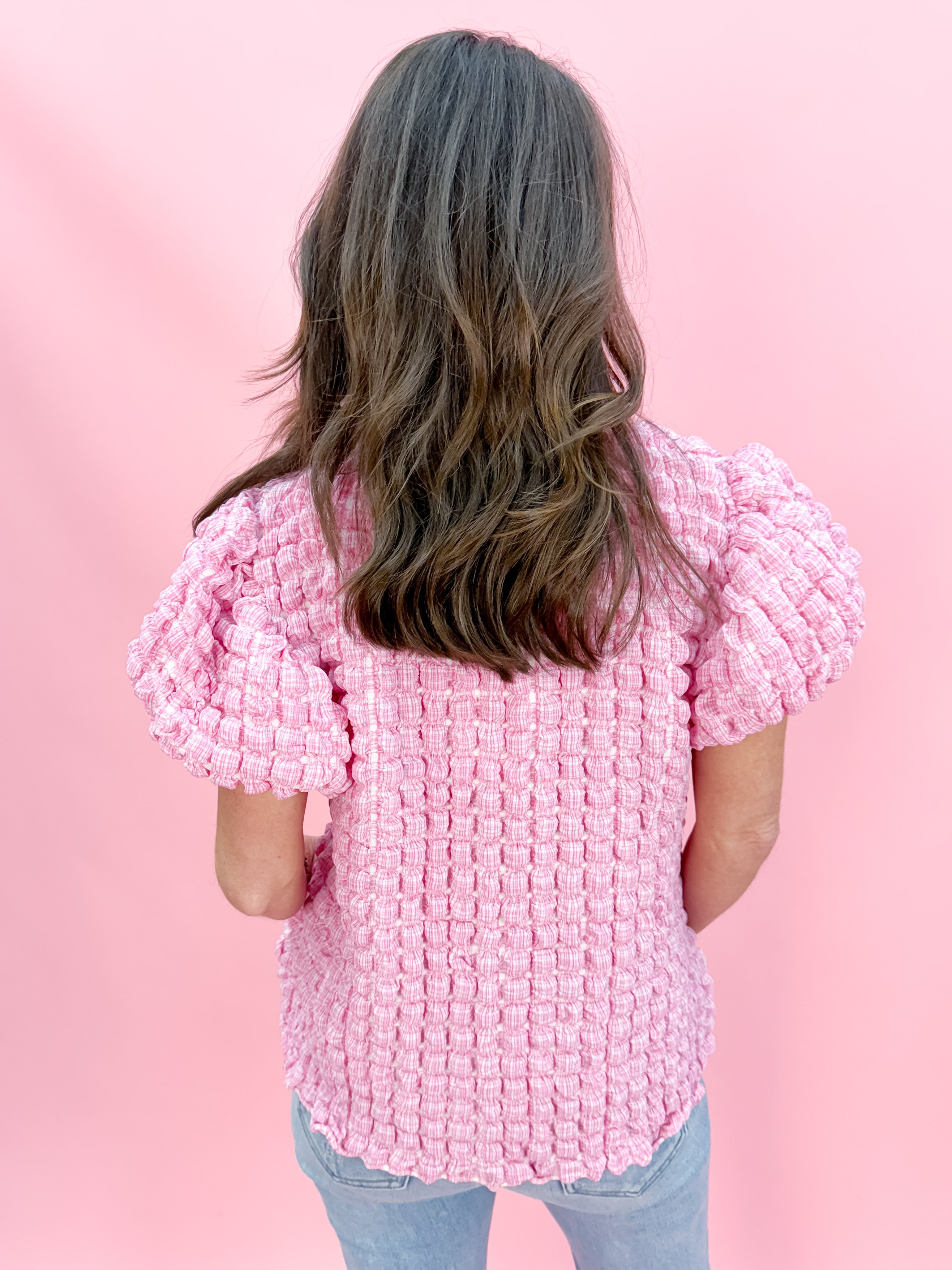 THML Puff Sleeve Textured Top in Pink