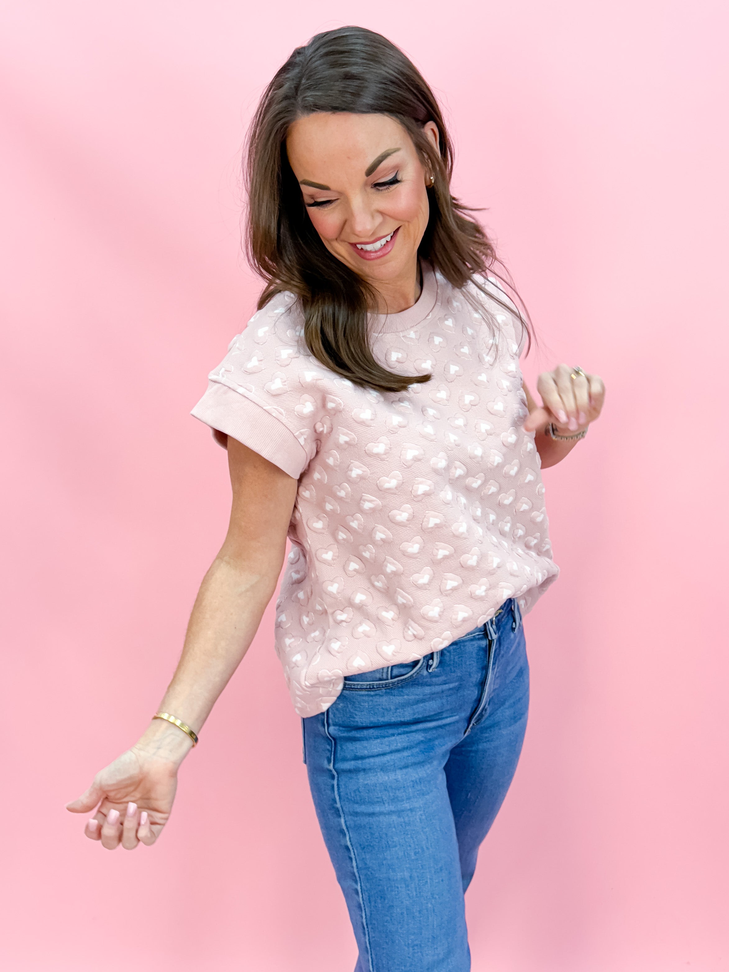 Pink Heart Embossed Round Neck Top