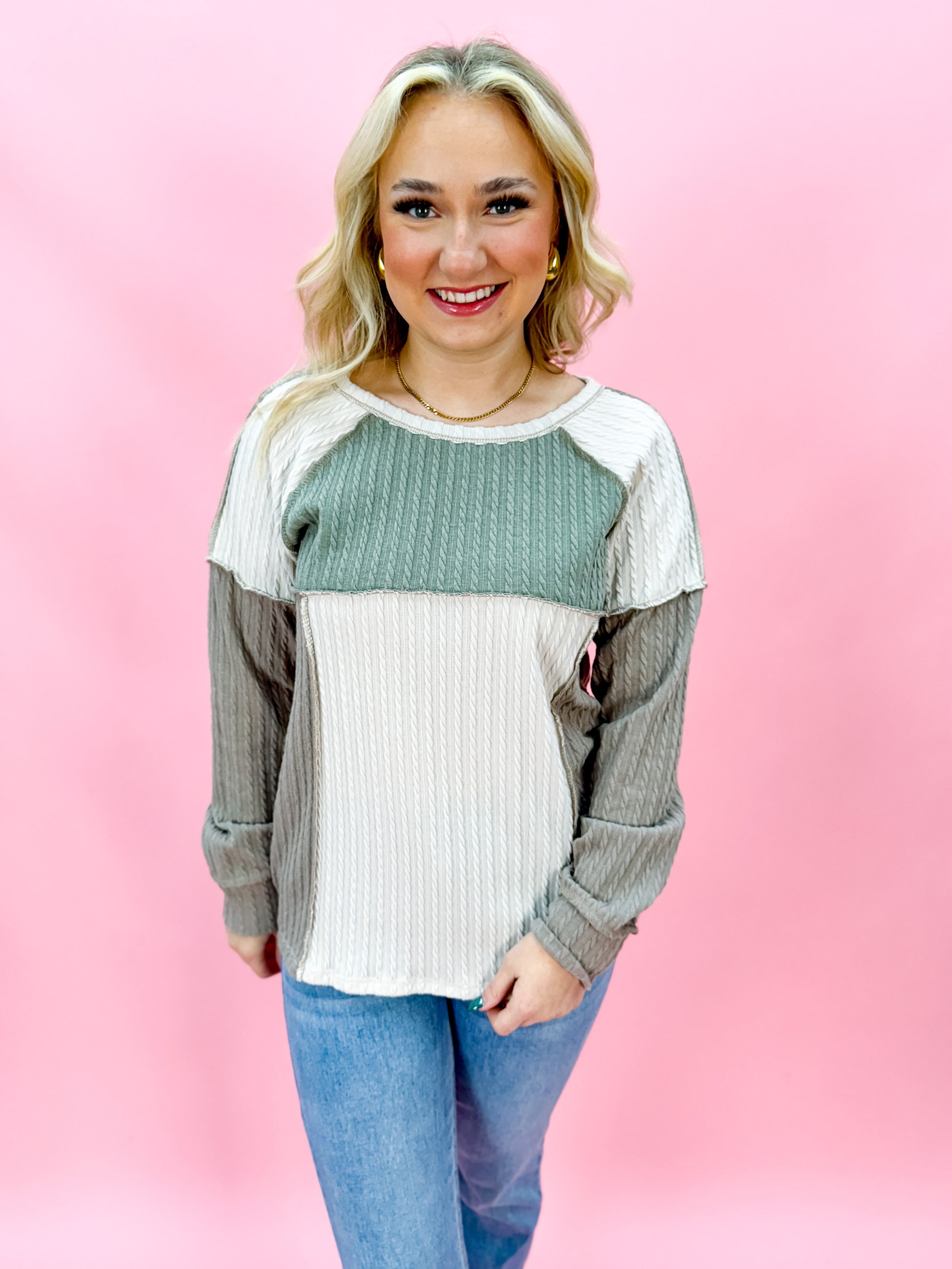 Cable Knit Color Block Stitched Top