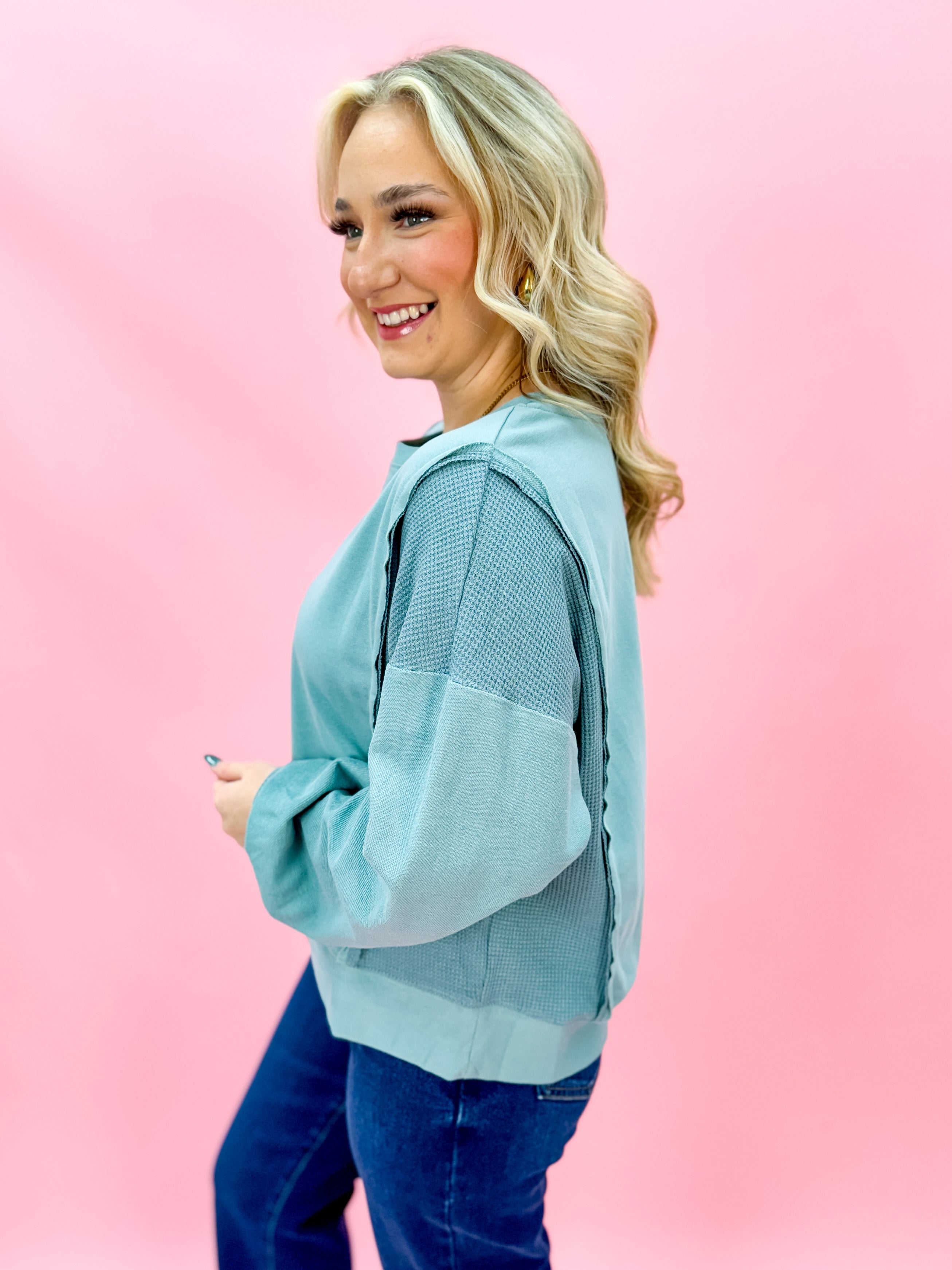 Solid French Terry and Waffle Knit Top in Dusty Teal
