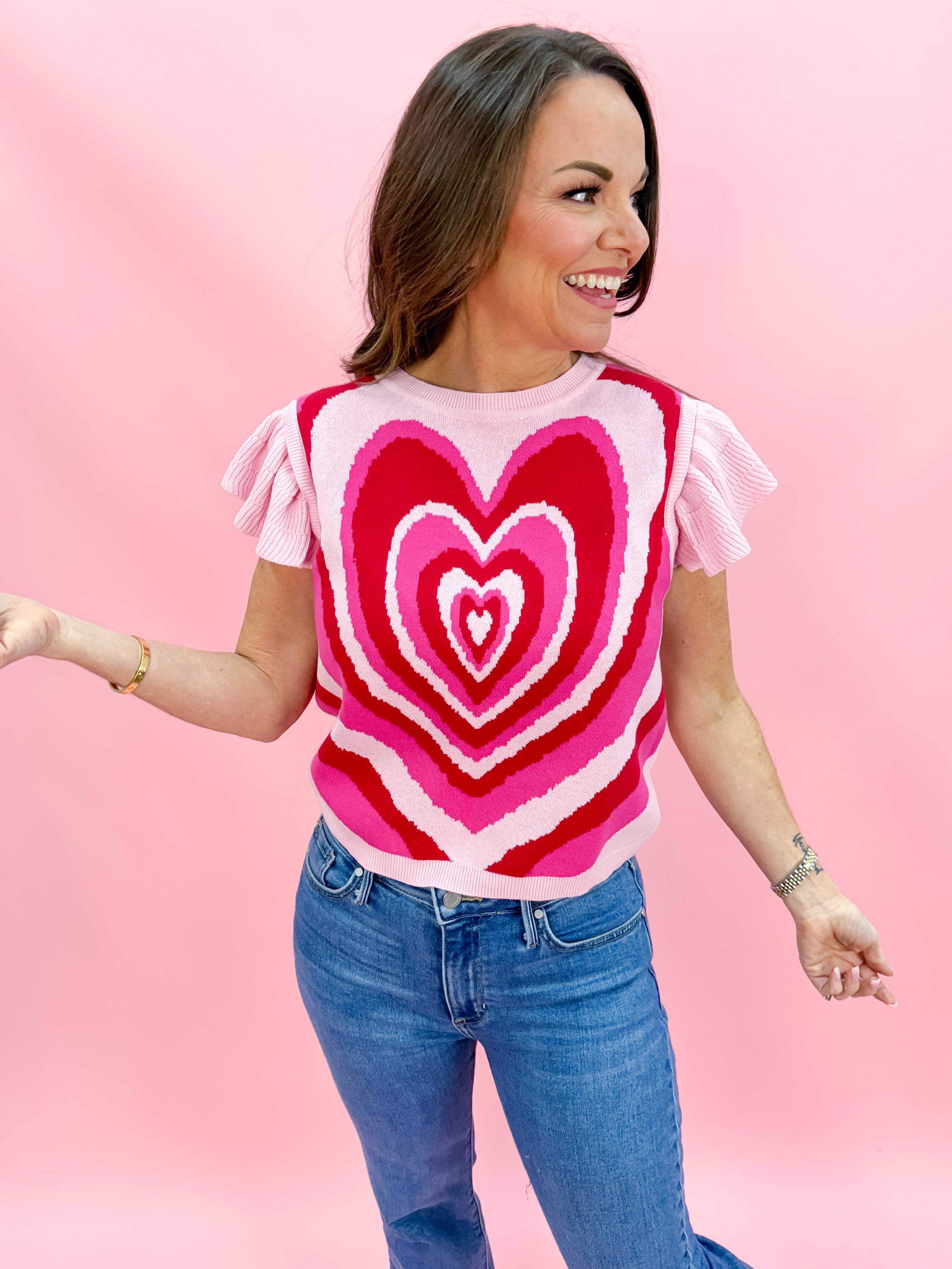 Heart Round Neck Ruffle Sleeve Crop Sweater