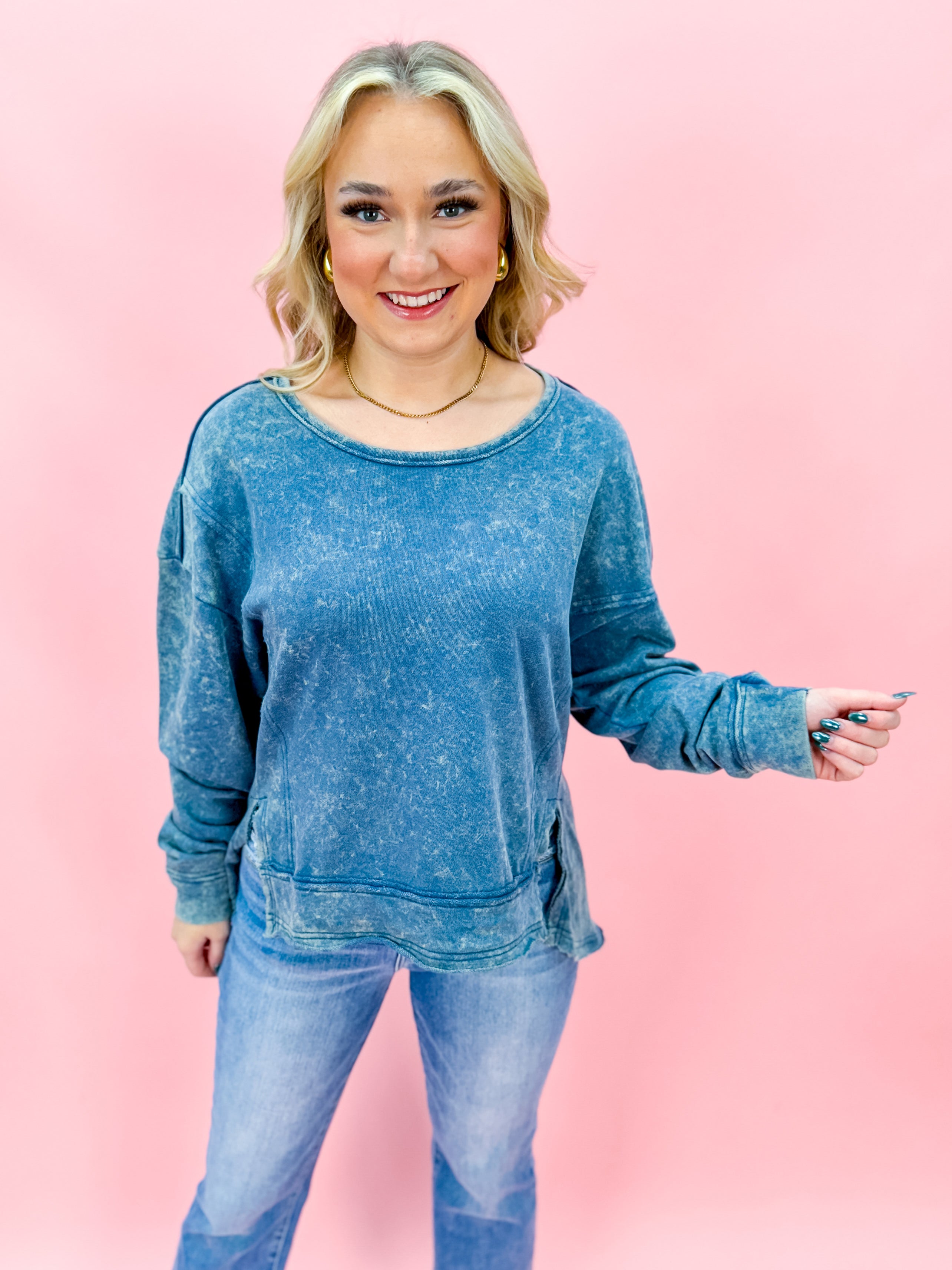 Vintage Mineral Washed Solid Casual Knit Top in Denim