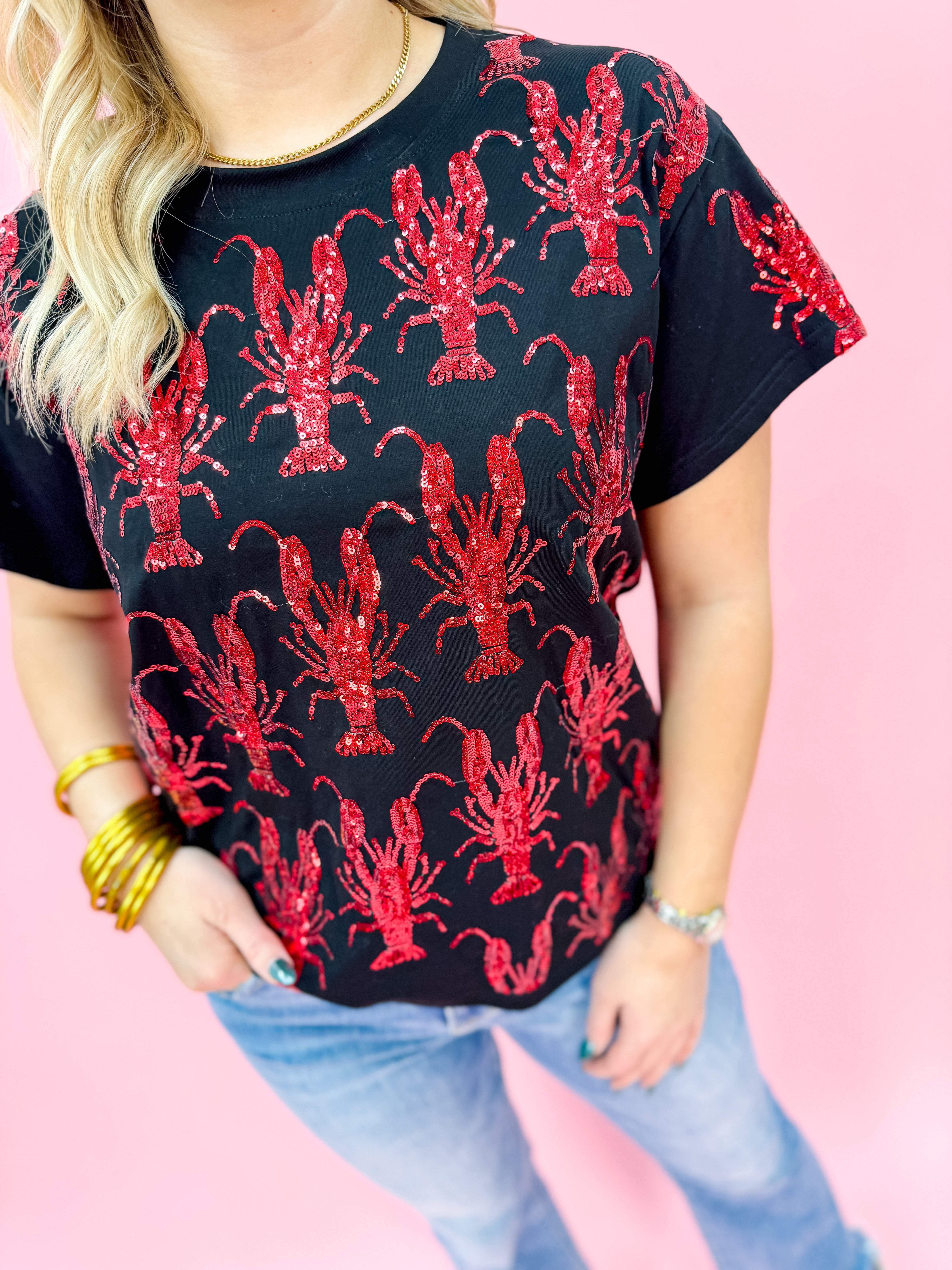 QOS Red All Over Crawfish Black Tee